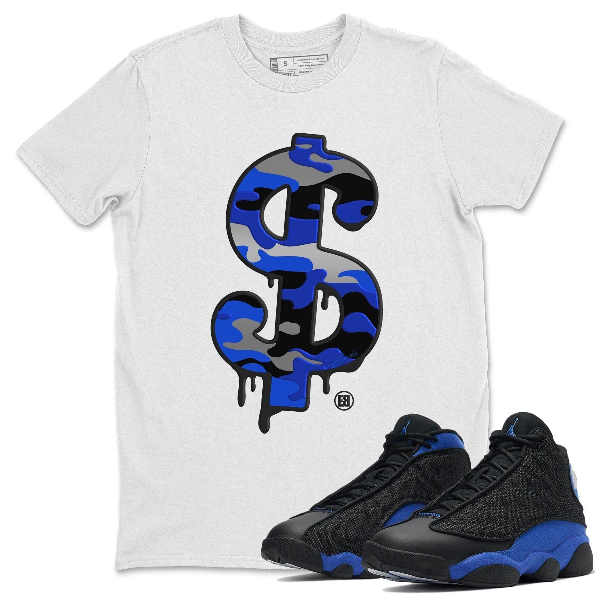 Jordan 13 Hyper Royal Sneaker Match Tees Dollar Camo Sneaker Tees Jordan 13 Hyper Royal Sneaker Release Tees Unisex Shirts