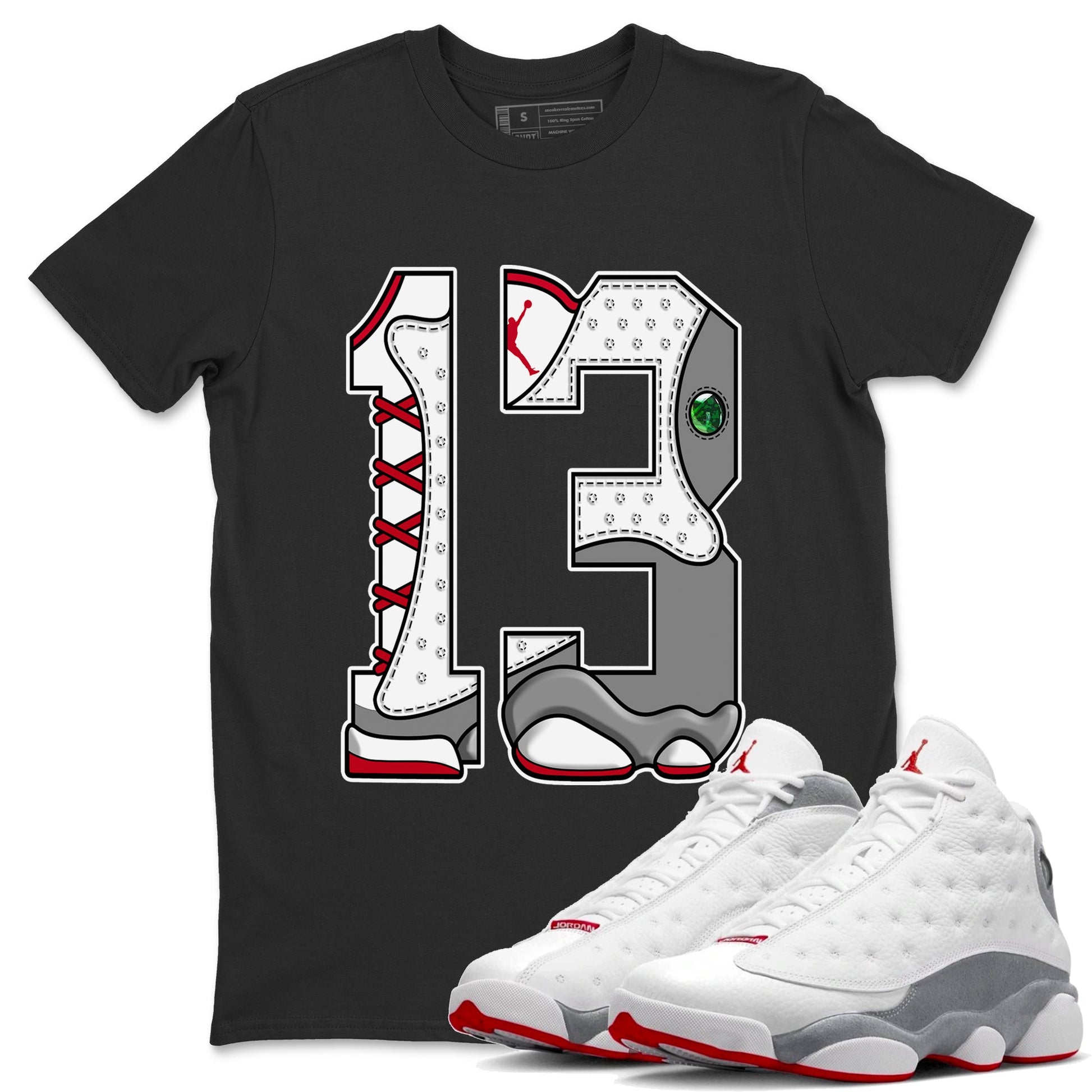 Air Jordan 13 Wolf Grey Sneaker Match Tees Number 13 Sneaker Tees Air Jordan 13 Retro Wolf Grey T-Shirt Unisex Shirts Black 1