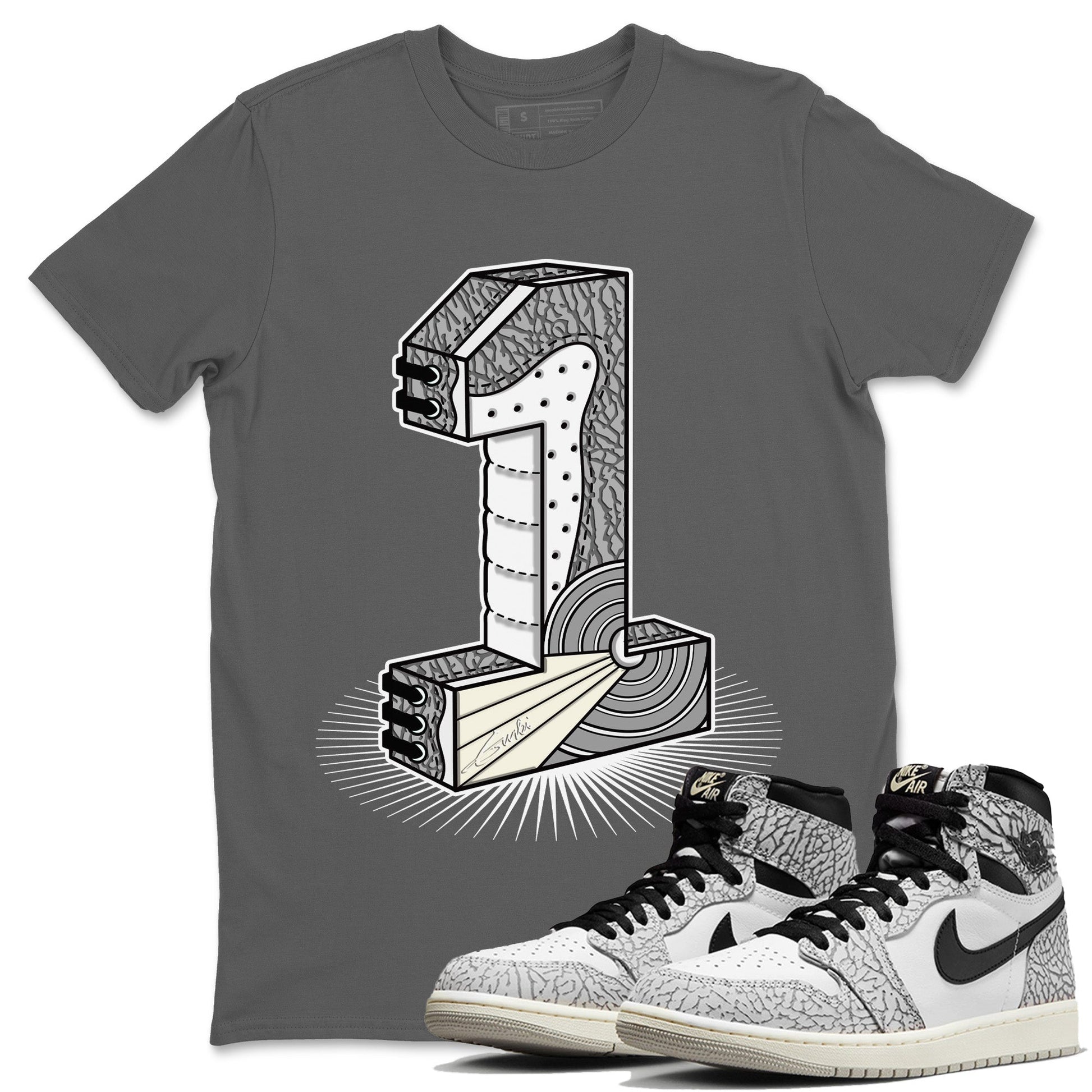 Jordan 1 White Cement Sneaker Match Tees Number Statue Sneaker Tees Jordan 1 White Cement Sneaker Release Tees Unisex Shirts