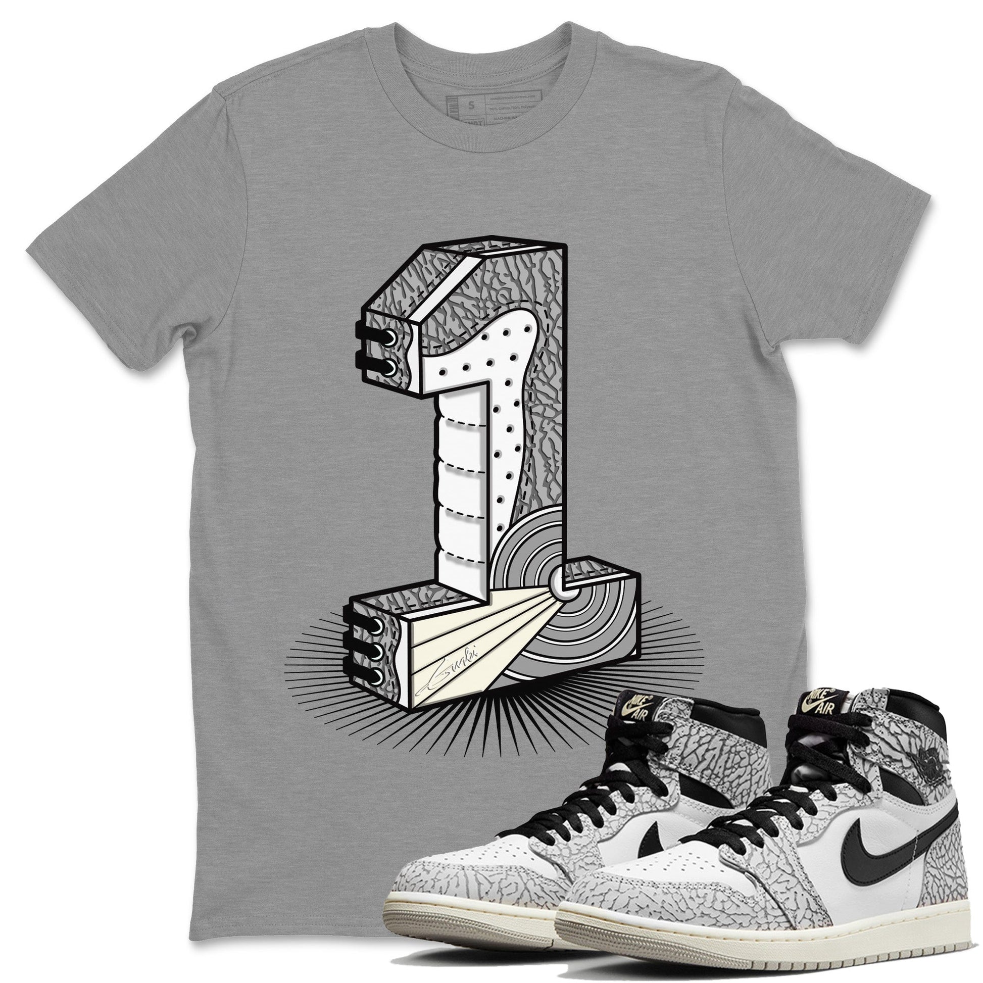 Jordan 1 White Cement Sneaker Match Tees Number Statue Sneaker Tees Jordan 1 White Cement Sneaker Release Tees Unisex Shirts