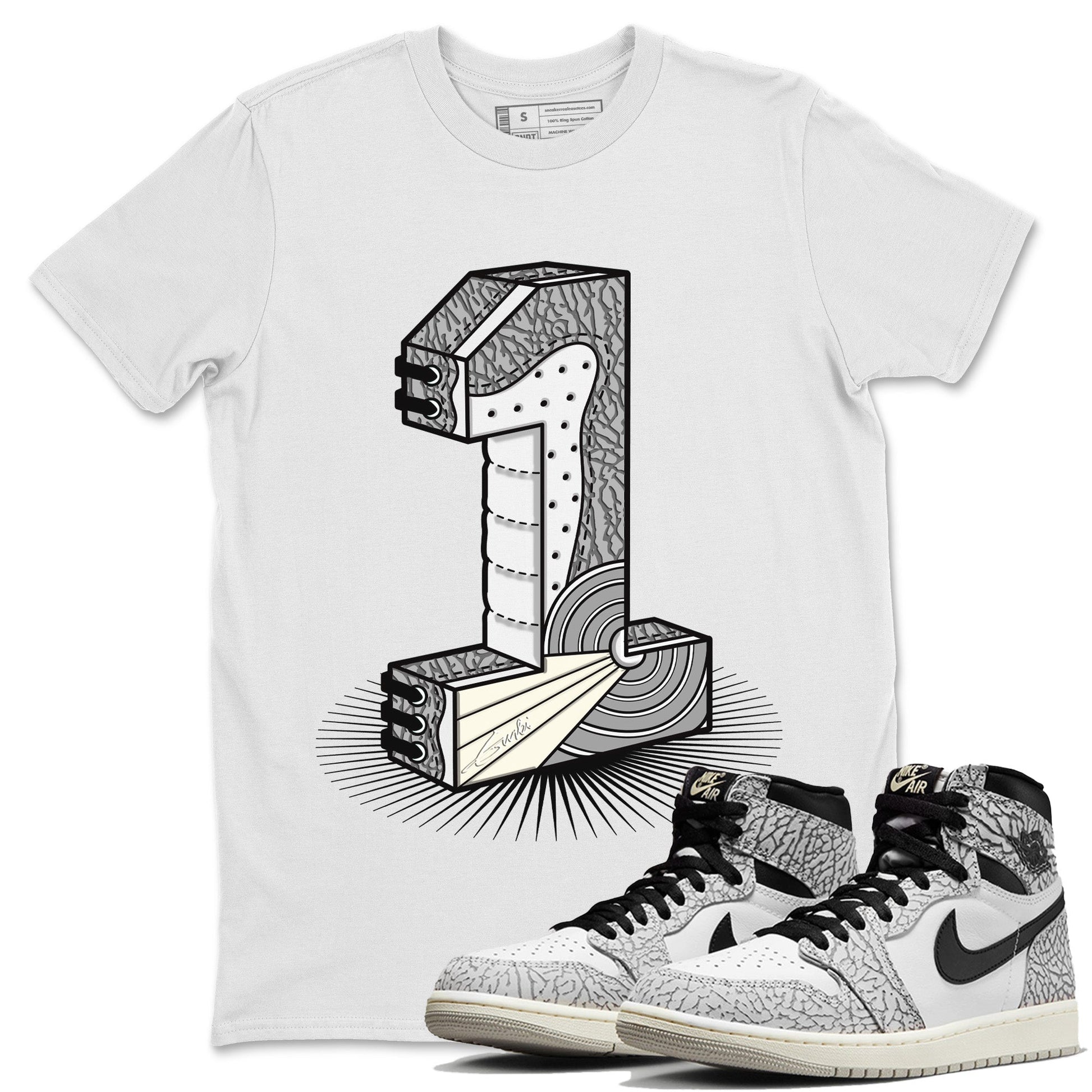 Jordan 1 White Cement Sneaker Match Tees Number Statue Sneaker Tees Jordan 1 White Cement Sneaker Release Tees Unisex Shirts