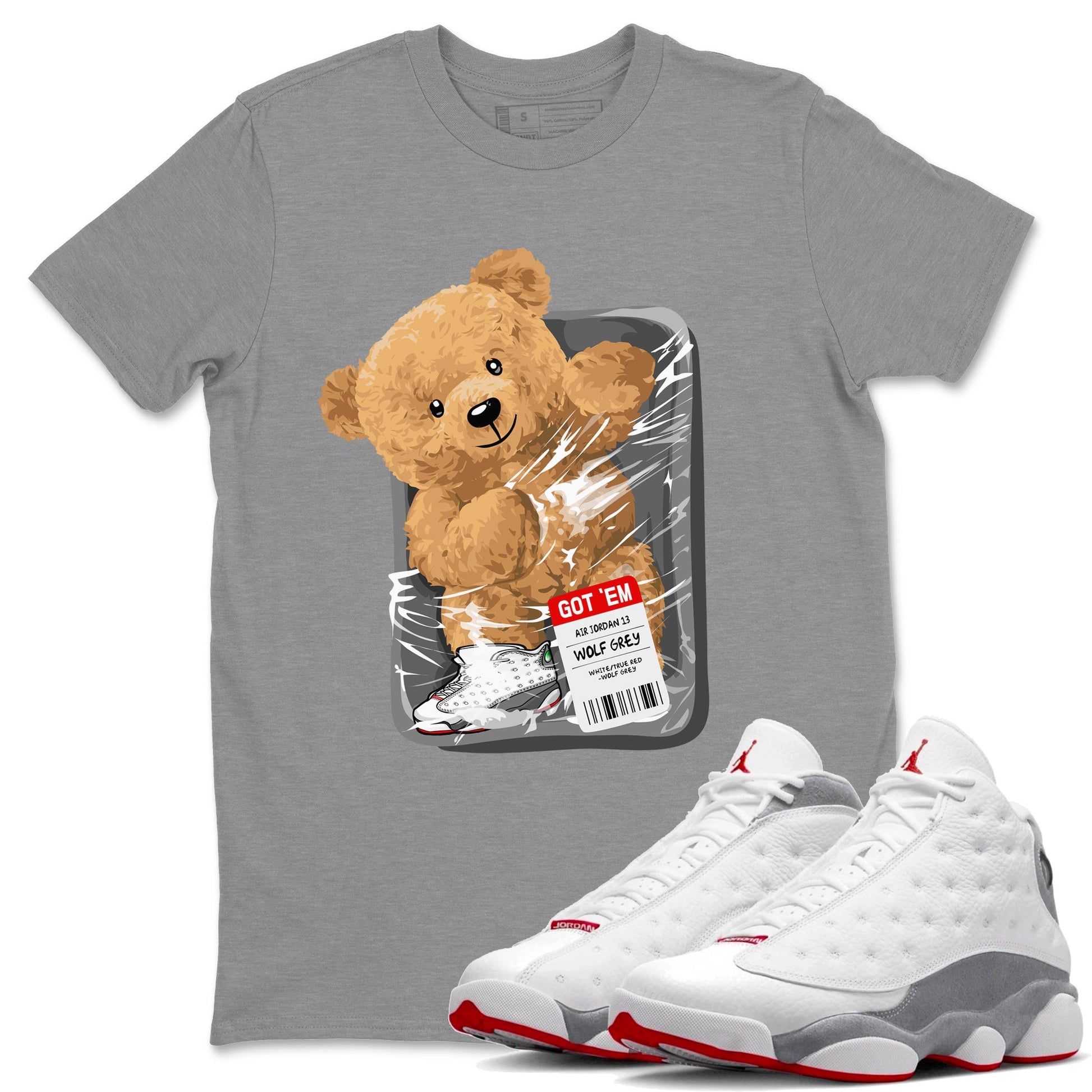 Air Jordan 13 Wolf Grey Sneaker Match Tees Packaged Bear Sneaker Tees Jordan 13 Wolf Grey Sneaker Release Tees Sneaker Matching Unisex Shirts Heather Grey 1