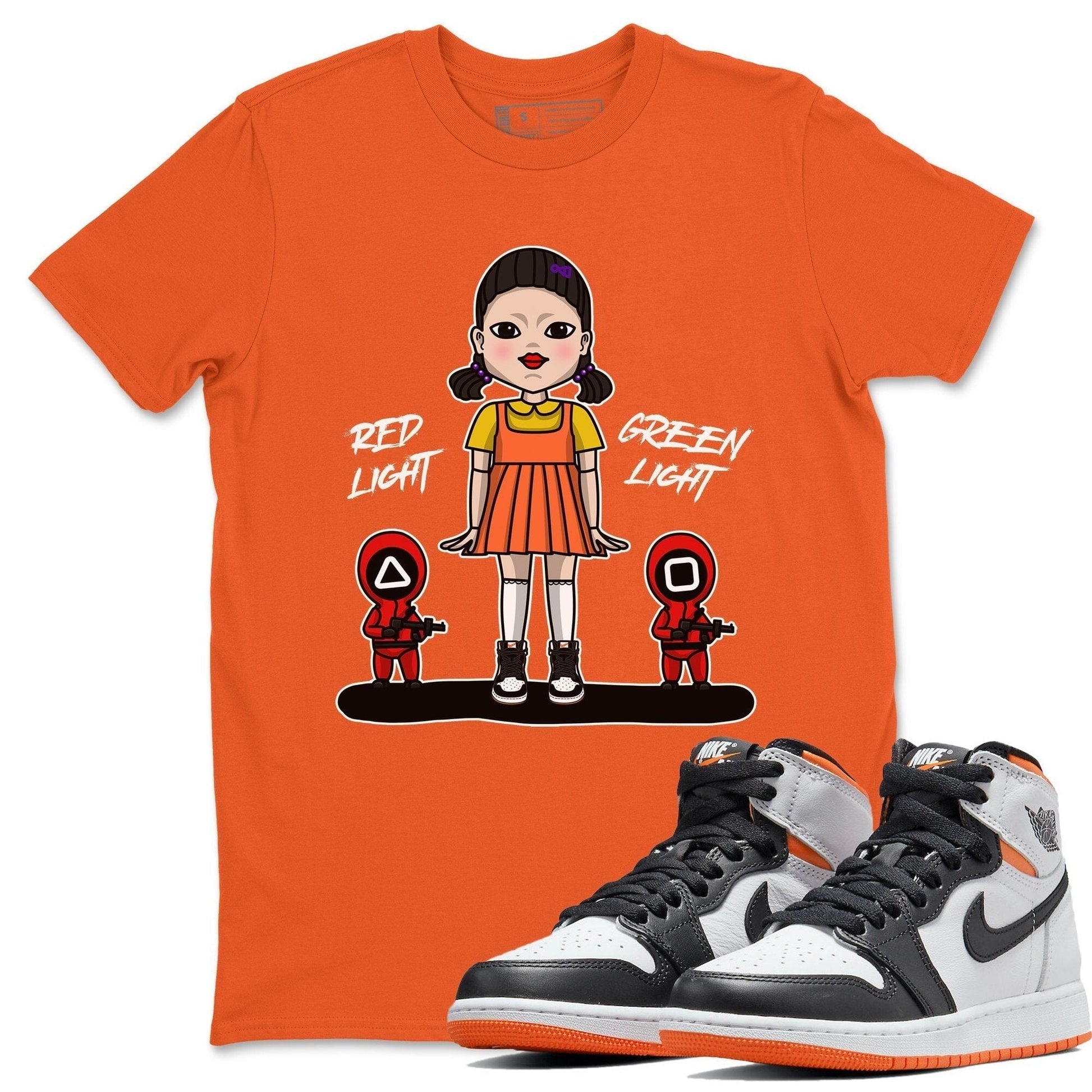 Jordan 1 Electro Orange unique Halloween sneaker tee Red Light Green Light Sneaker Tees Jordan 1 Electro Orange Sneaker Release Tees Unisex Shirts