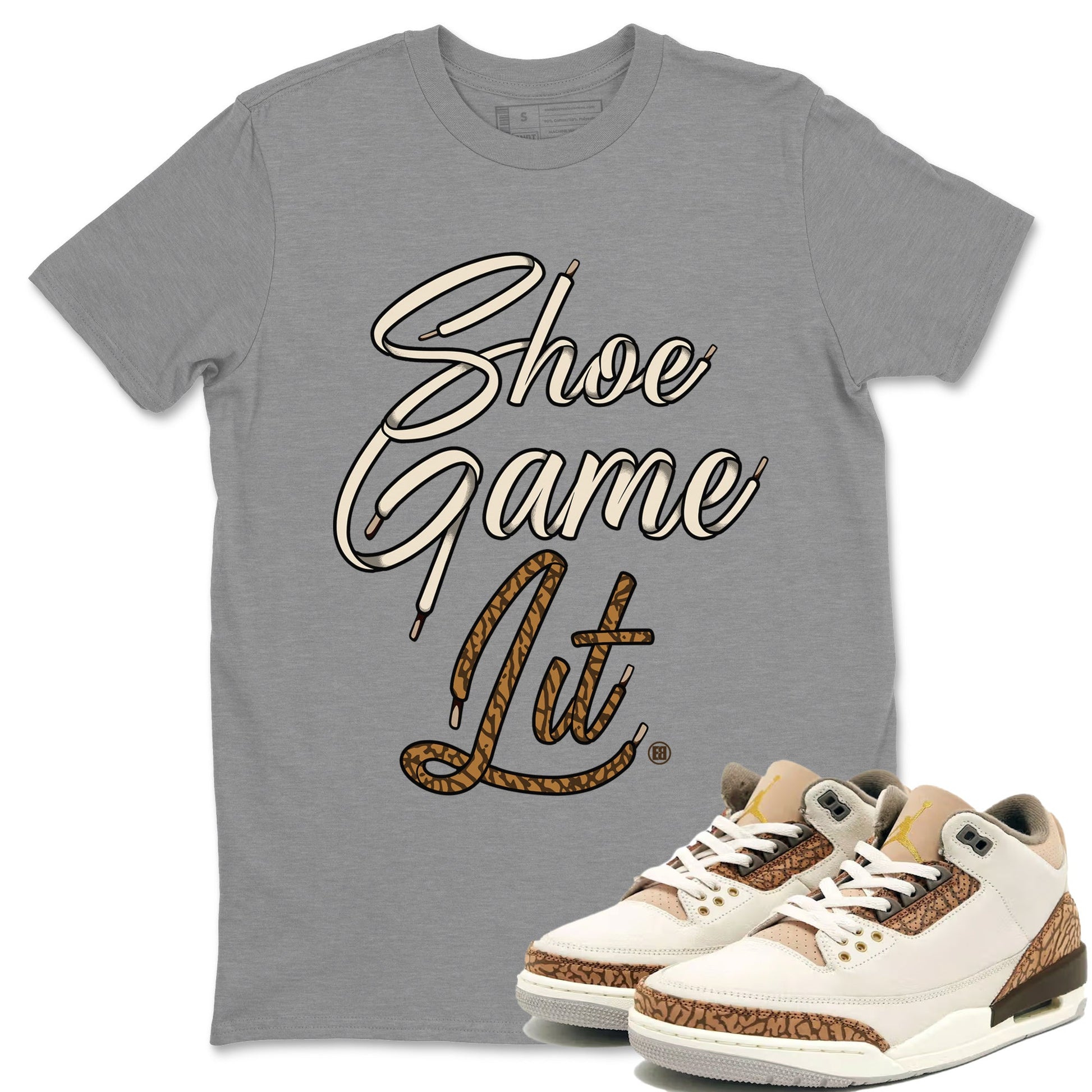 Air Jordan 3 Palomino Sneaker Match Tees Shoe Game Lit Shoe Lace Sneaker Tees Jordan 3 Retro Palomino Sneaker Release Tees Unisex Shirts Heather Grey 1