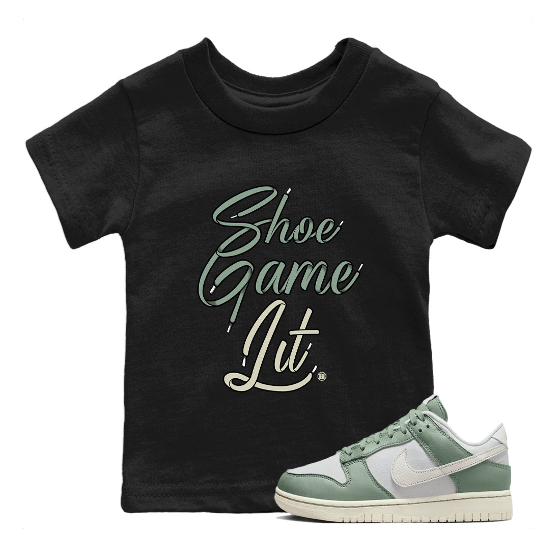 Dunk Low Mica Green Shirts Shoe Game Lit Shoe Lace Sneaker Tees Dunk Mica Green Sneaker Release Tees Kids Shirts Black 1