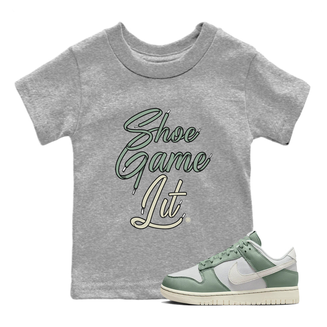 Dunk Low Mica Green Shirts Shoe Game Lit Shoe Lace Sneaker Tees Dunk Mica Green Sneaker Release Tees Kids Shirts Heather Grey 1