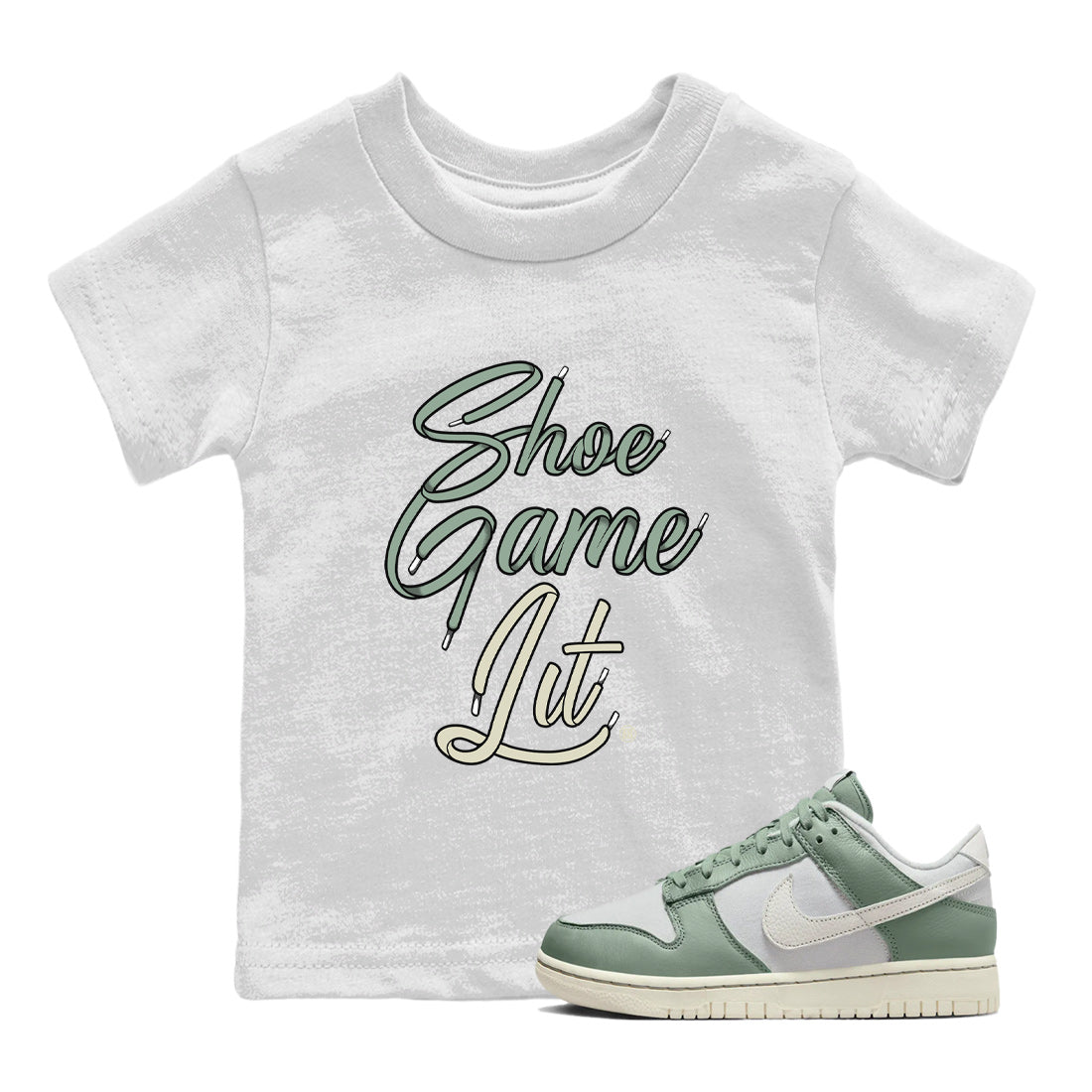 Dunk Low Mica Green Shirts Shoe Game Lit Shoe Lace Sneaker Tees Dunk Mica Green Sneaker Release Tees Kids Shirts White 1