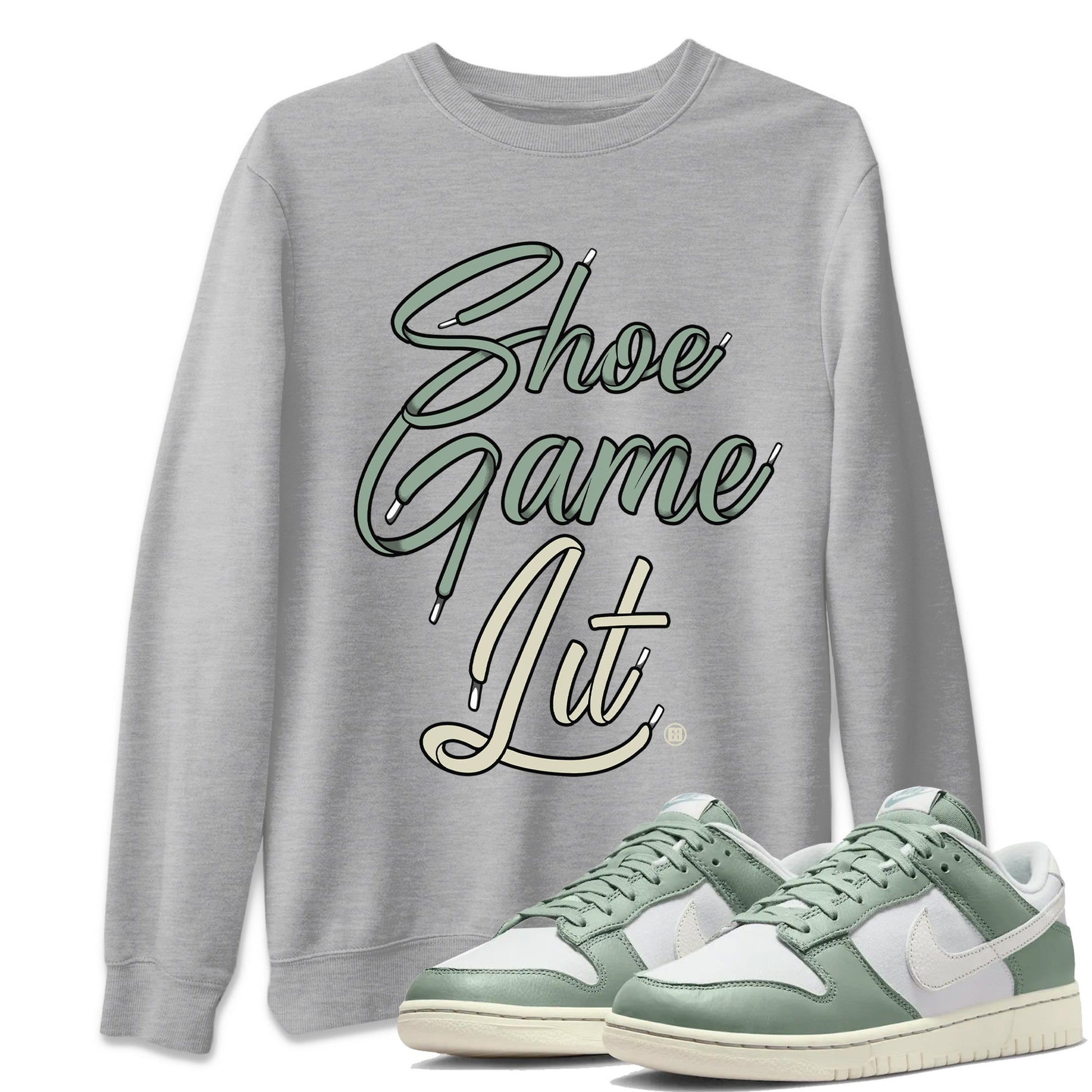Dunk Low Mica Green Shirts Shoe Game Lit Shoe Lace Sneaker Tees Dunk Mica Green Sneaker Release Tees Unisex Shirts Heather Grey 1