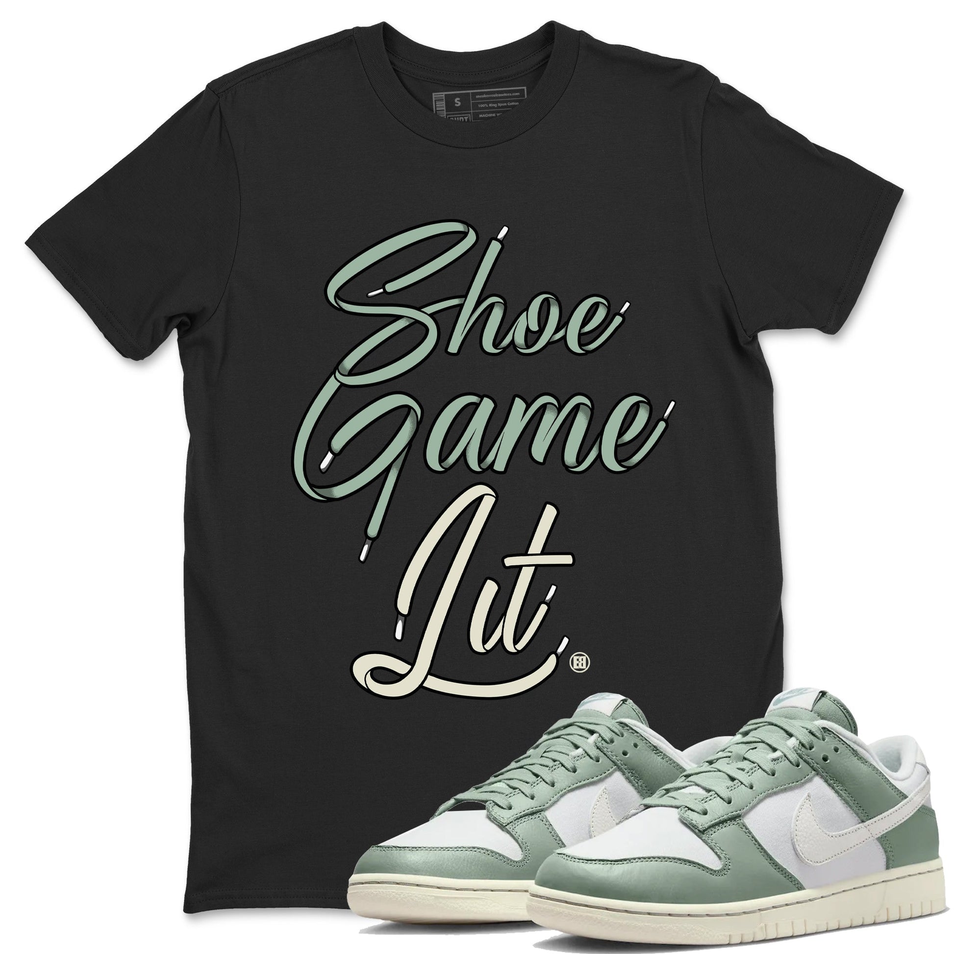 Dunk Low Mica Green Shirts Shoe Game Lit Shoe Lace Sneaker Tees Dunk Mica Green Sneaker Release Tees Unisex Shirts Black 1