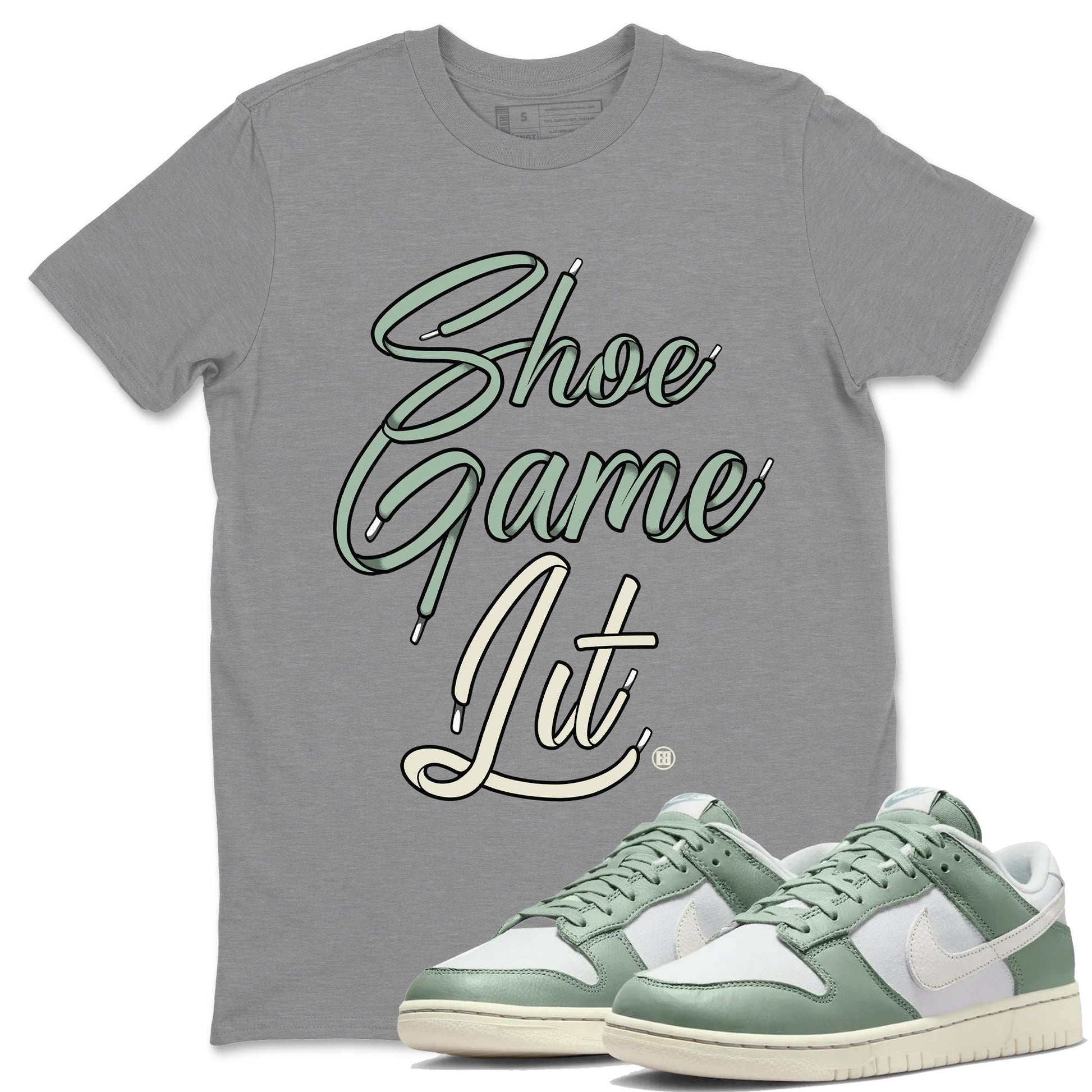 Dunk Low Mica Green Shirts Shoe Game Lit Shoe Lace Sneaker Tees Dunk Mica Green Sneaker Release Tees Unisex Shirts Heather Grey 1