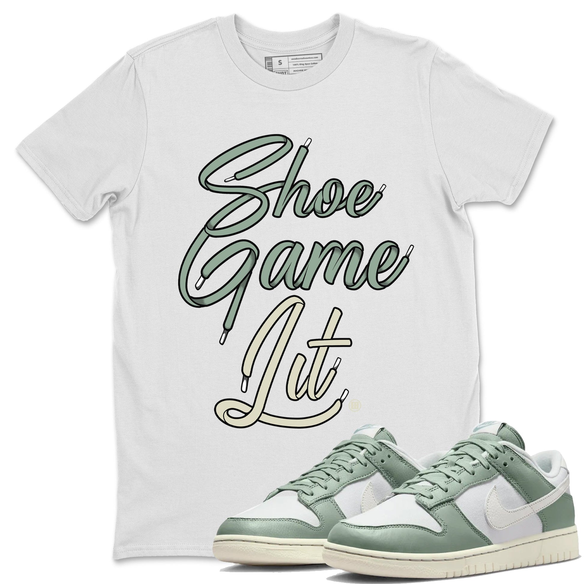 Dunk Low Mica Green Shirts Shoe Game Lit Shoe Lace Sneaker Tees Dunk Mica Green Sneaker Release Tees Unisex Shirts White 1