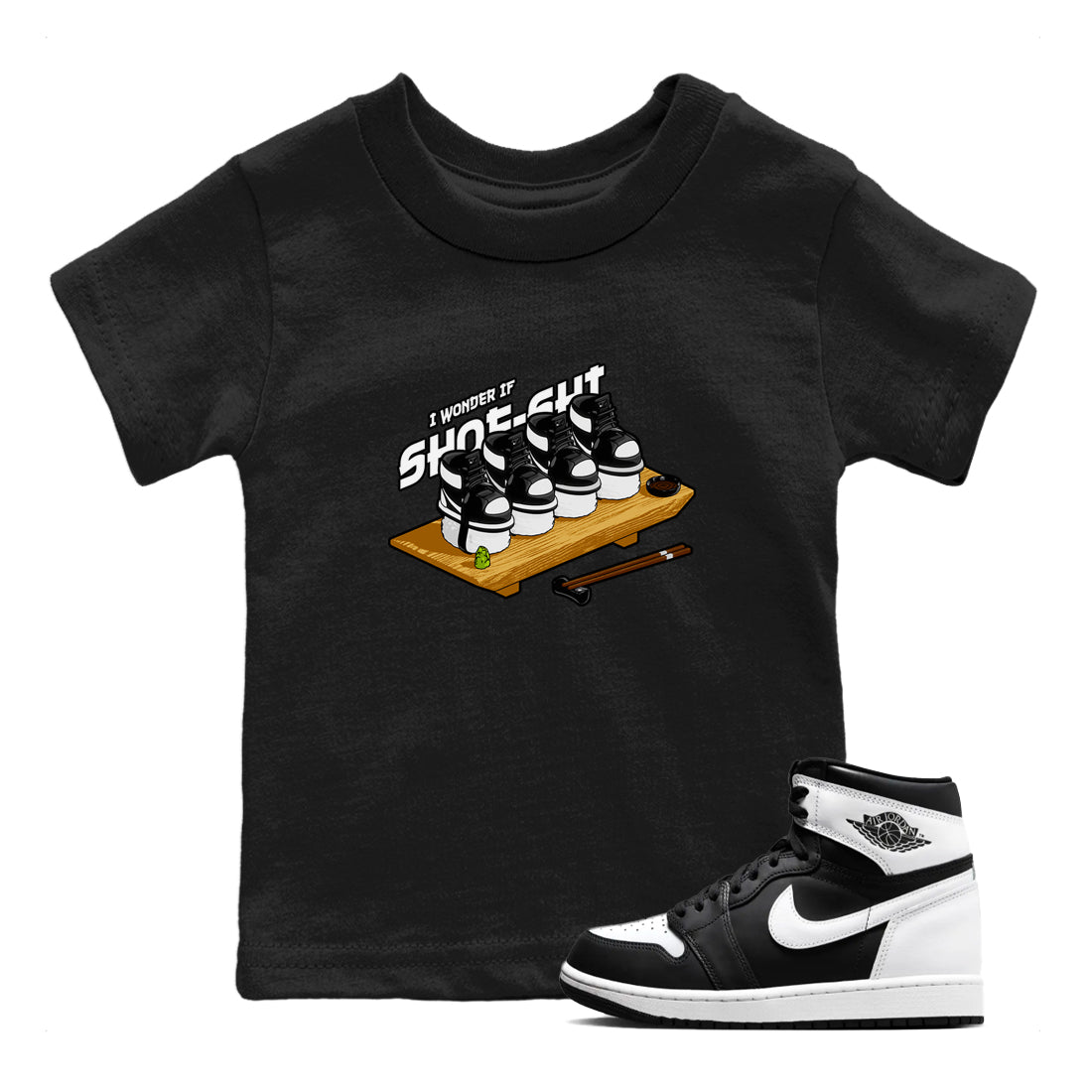 1s Black White shirt to match jordans Shoe-Shi sneaker tees Air Jordan 1 High OG Black White SNRT sneaker release tees baby toddler Black 1 cotton Shirt