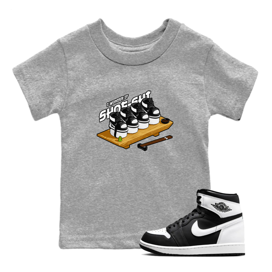 1s Black White shirt to match jordans Shoe-Shi sneaker tees Air Jordan 1 High OG Black White SNRT sneaker release tees baby toddler Heather Grey 1 cotton Shirt