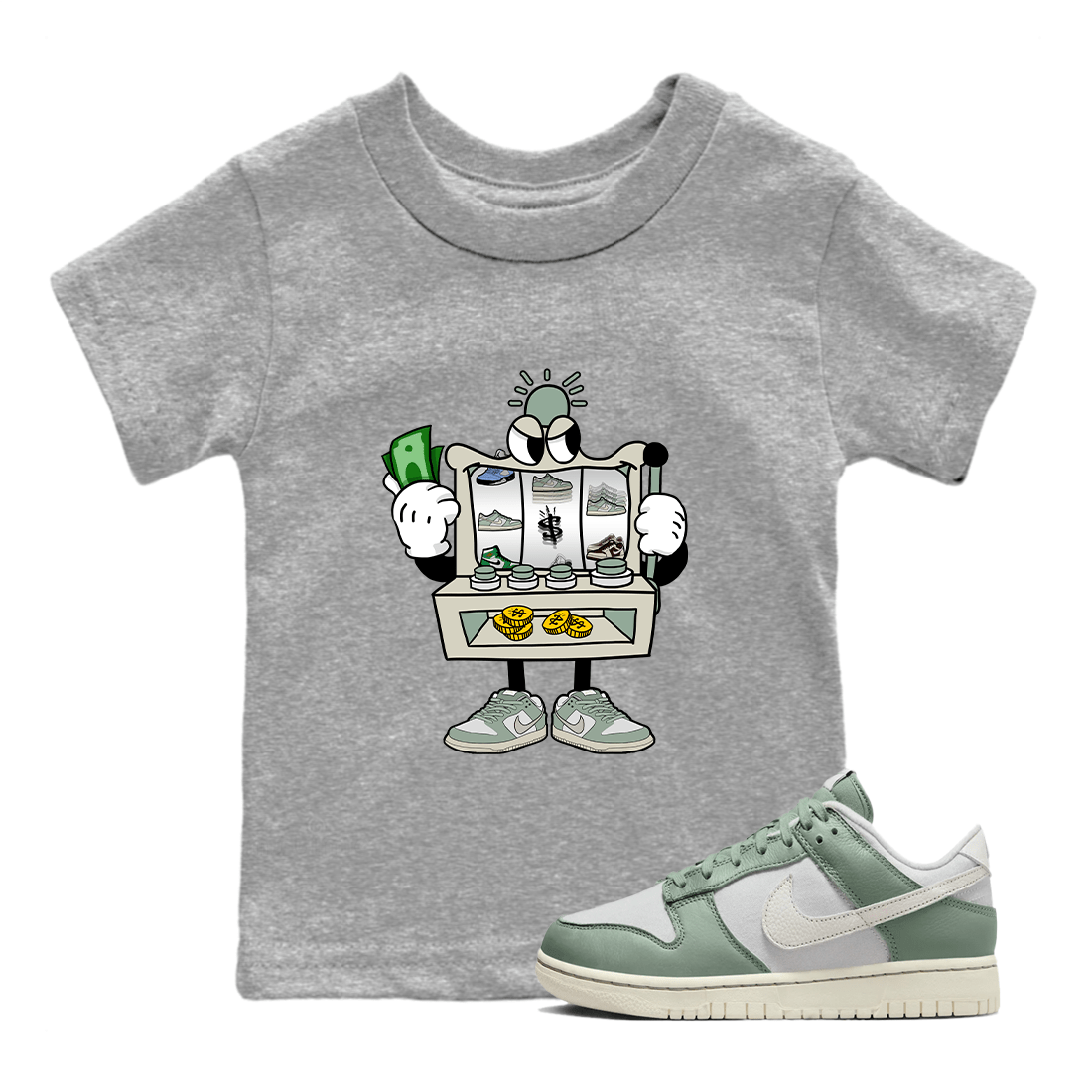 Dunk Low Mica Green Sneaker Match Tees Slot Machine Sneaker Tees Dunk Mica Green Sneaker Release Tees Kids Shirts Heather Grey 1