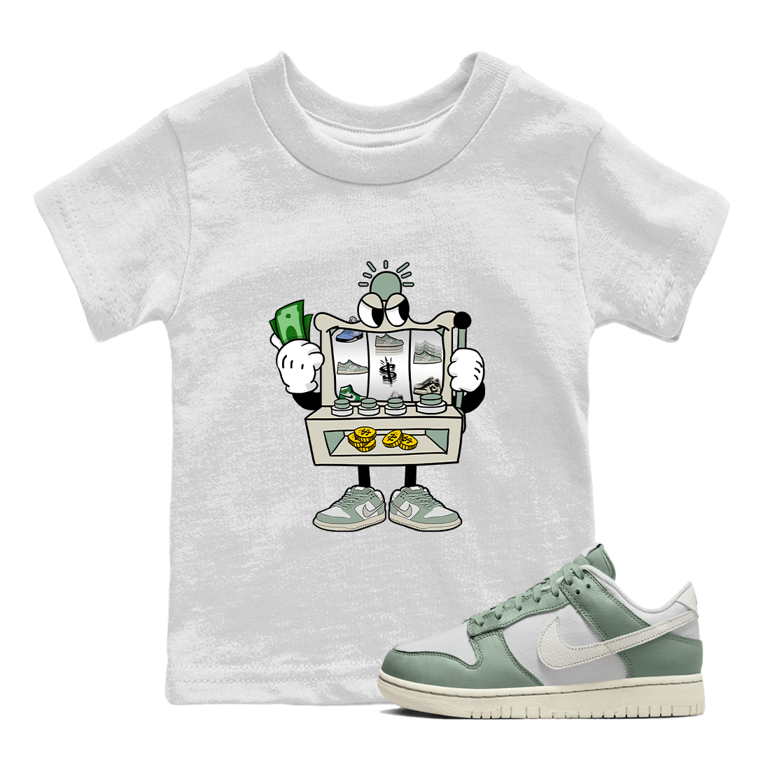 Dunk Low Mica Green Sneaker Match Tees Slot Machine Sneaker Tees Dunk Mica Green Sneaker Release Tees Kids Shirts White 1