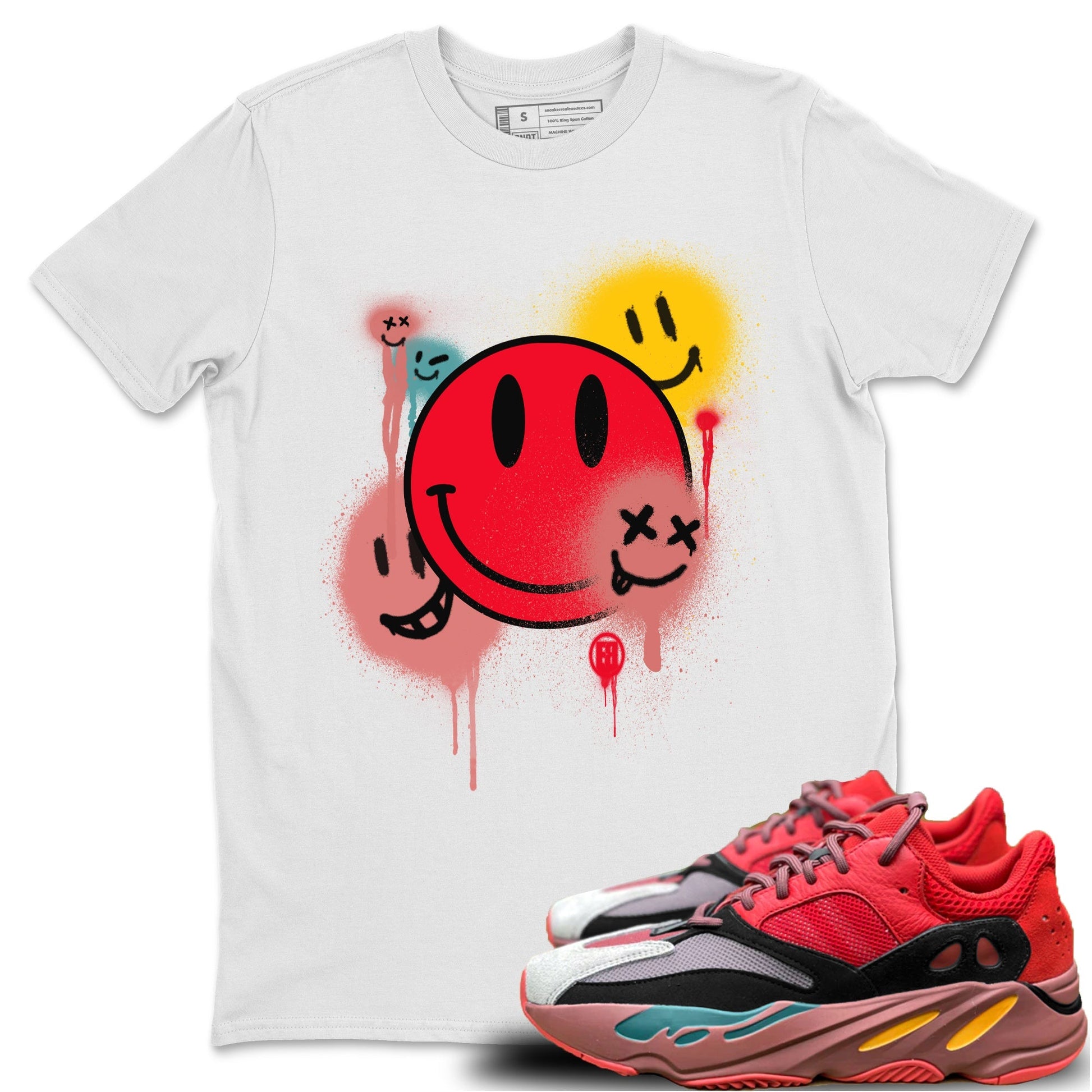 Yeezy 700 Hi-Res Red Sneaker Match Tees Smile Painting Sneaker Tees Yeezy 700 Hi-Res Red Sneaker Release Tees Unisex Shirts