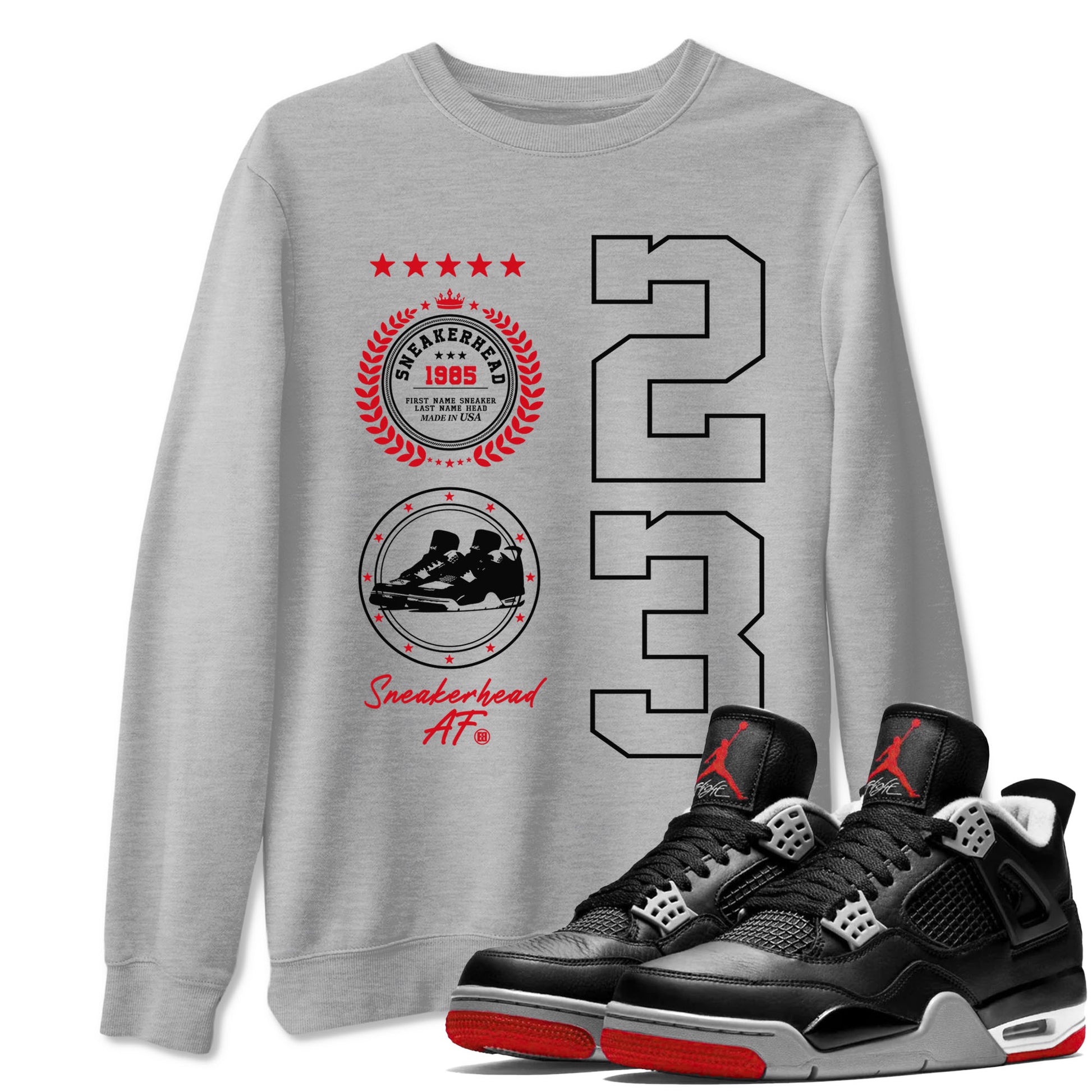 Sneaker Emblem sneaker match tees to Air Jordan 4 Bred Reimagined street fashion brand for shirts to match Jordans SNRT Sneaker Tees Air Jordan 4 Bred Reimagined unisex t-shirt Heather Grey 1 unisex shirt
