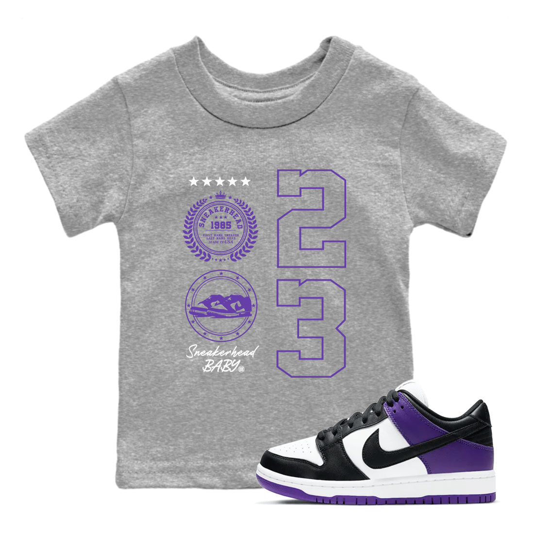 Sneaker Emblem sneaker match tees to Court Purple Dunks street fashion brand for shirts to match Jordans SNRT Sneaker Tees Dunk Low Court Purple unisex t-shirt Heather Grey 1 youth shirt