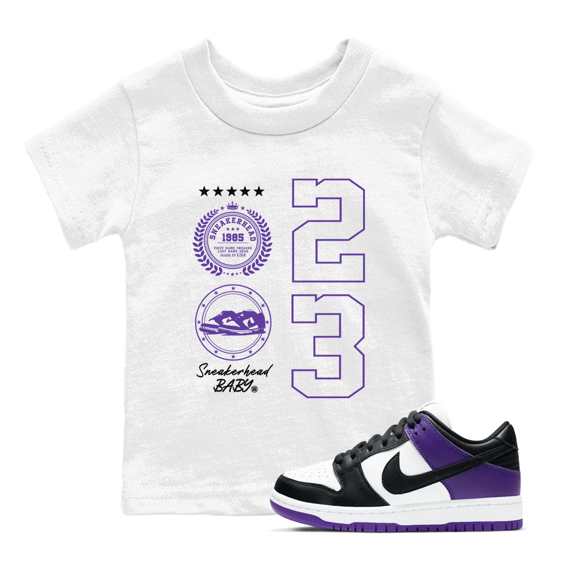 Sneaker Emblem sneaker match tees to Court Purple Dunks street fashion brand for shirts to match Jordans SNRT Sneaker Tees Dunk Low Court Purple unisex t-shirt White 1 youth shirt