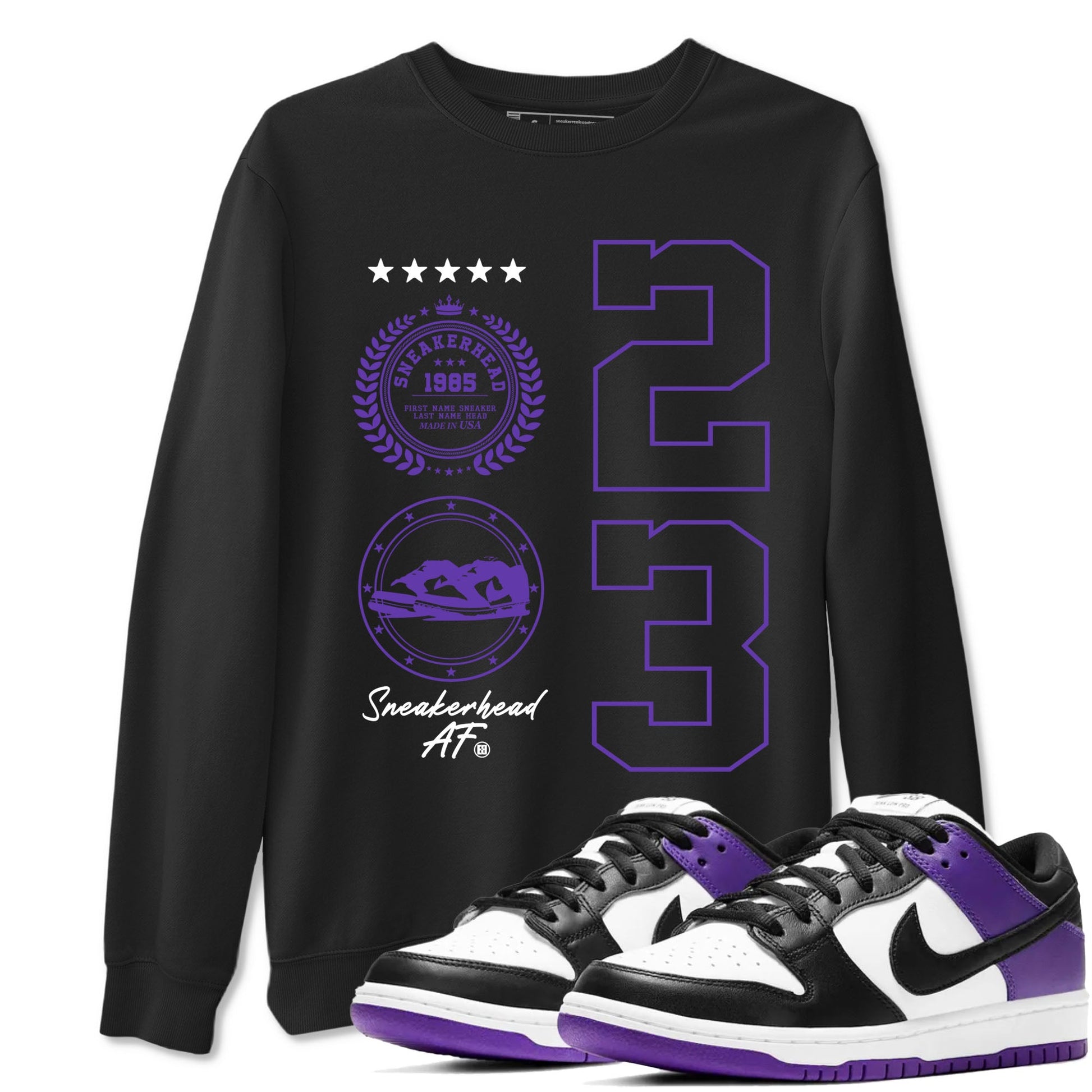 Sneaker Emblem sneaker match tees to Court Purple Dunks street fashion brand for shirts to match Jordans SNRT Sneaker Tees Dunk Low Court Purple unisex t-shirt Black 1 unisex shirt