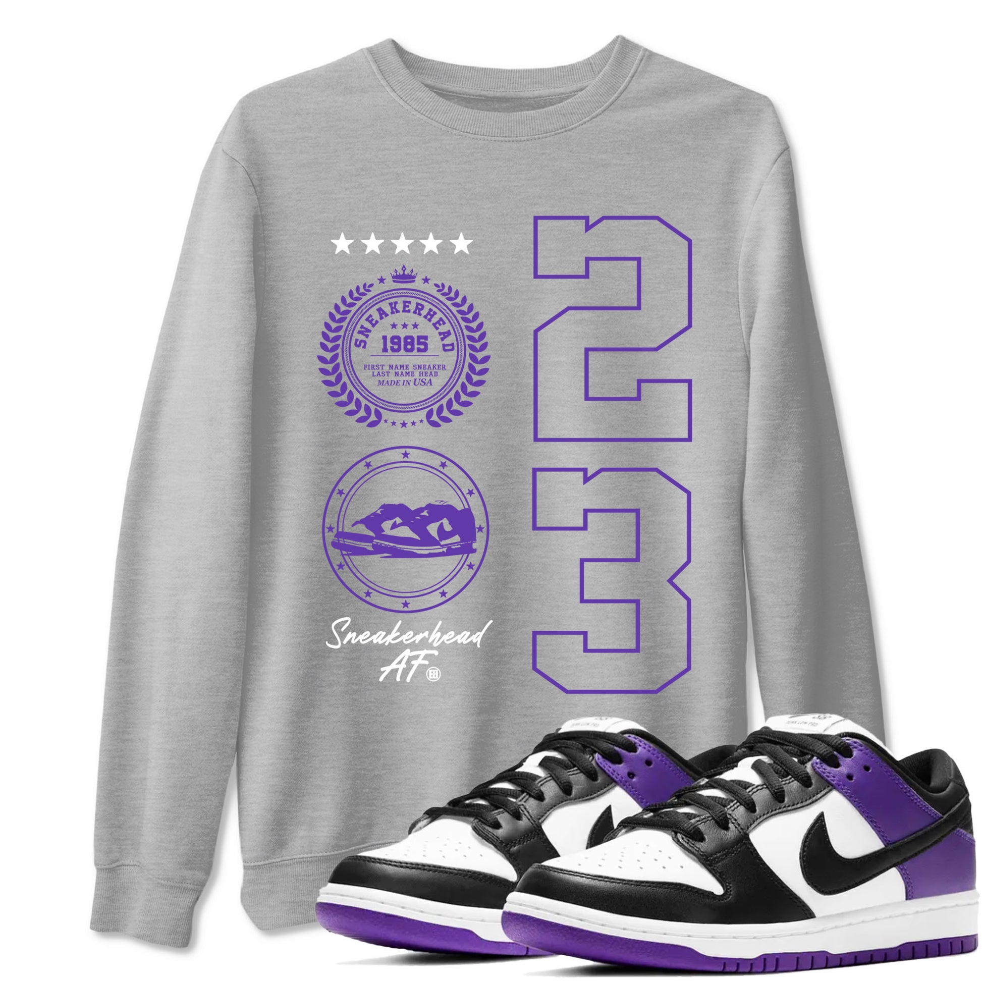 Sneaker Emblem sneaker match tees to Court Purple Dunks street fashion brand for shirts to match Jordans SNRT Sneaker Tees Dunk Low Court Purple unisex t-shirt Heather Grey 1 unisex shirt