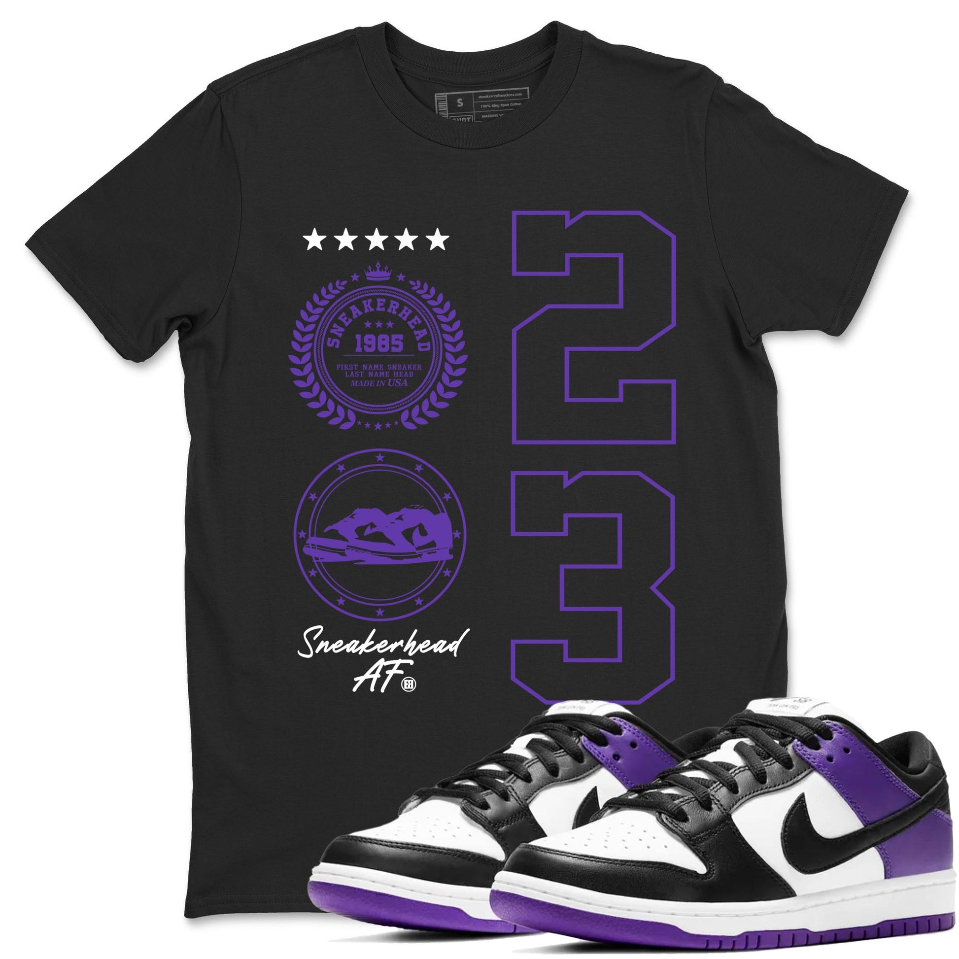 Sneaker Emblem sneaker match tees to Court Purple Dunks street fashion brand for shirts to match Jordans SNRT Sneaker Tees Dunk Low Court Purple unisex t-shirt Black 1 unisex shirt