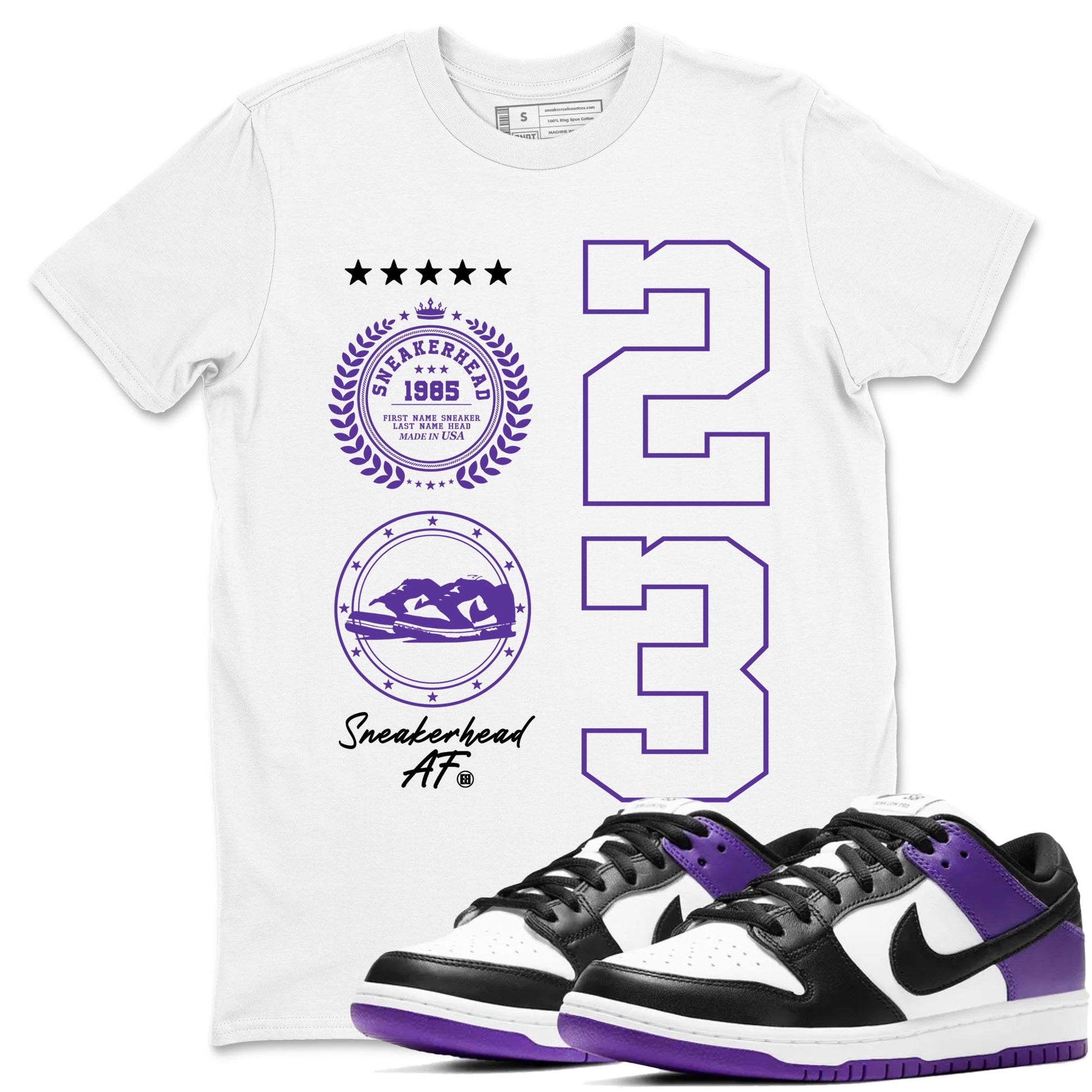 Sneaker Emblem sneaker match tees to Court Purple Dunks street fashion brand for shirts to match Jordans SNRT Sneaker Tees Dunk Low Court Purple unisex t-shirt White 1 unisex shirt
