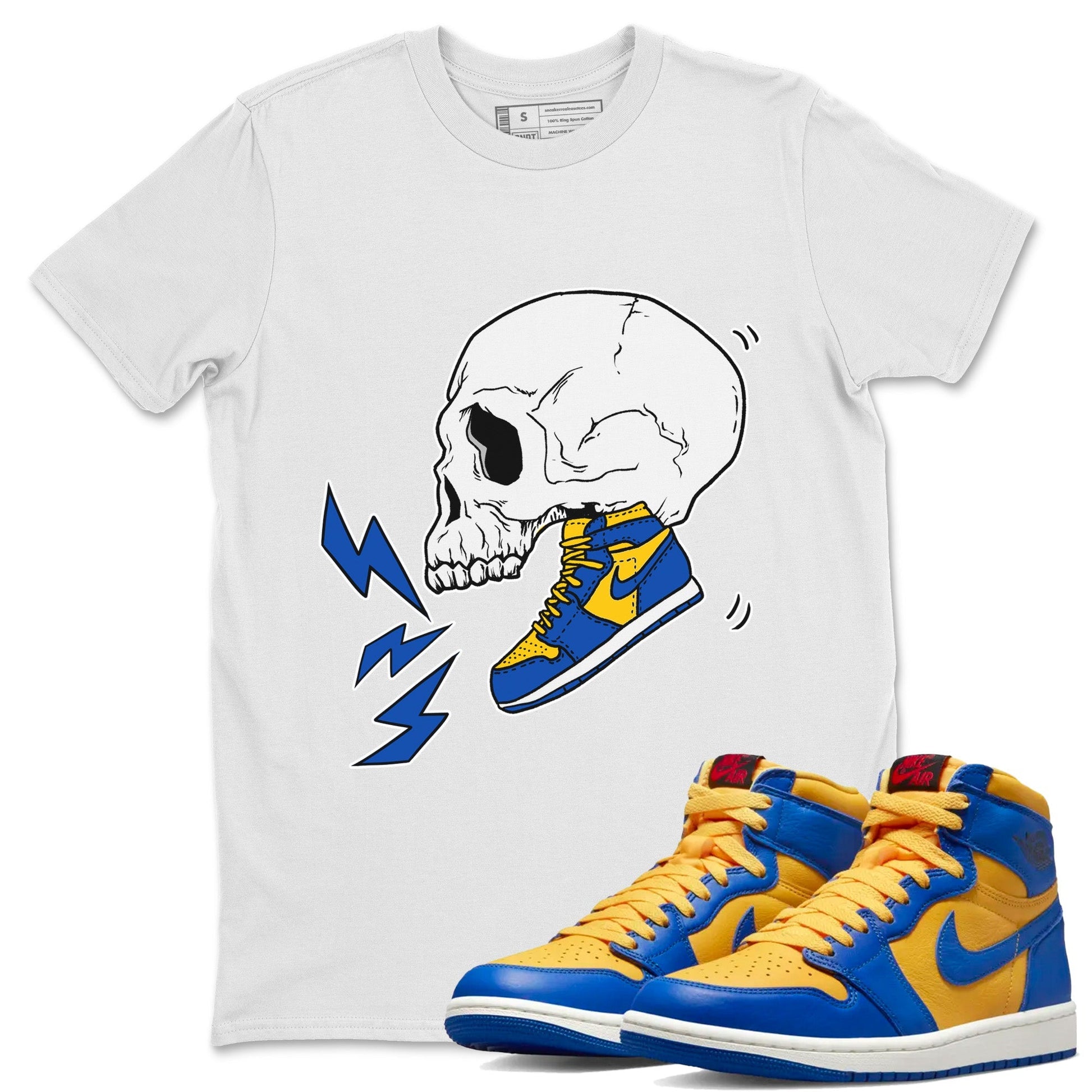 Jordan 1 Game Royal Varsity Maize Sneaker Match Tees Sneaker Skull Sneaker Tees Jordan 1 Game Royal Varsity Maize Sneaker Release Tees Unisex Shirts