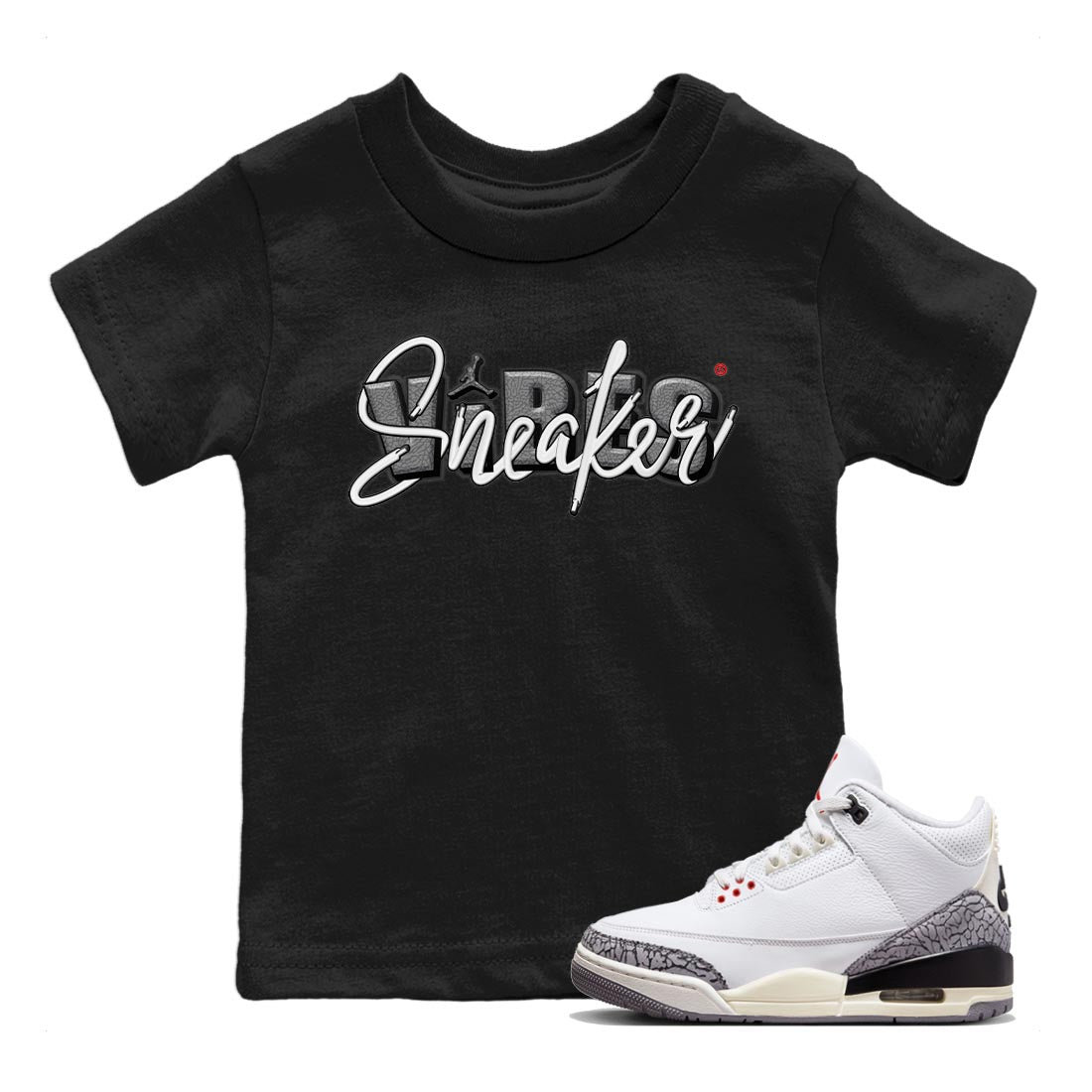 Air Jordan 3 White Cement Sneaker Match Tees Sneaker Vibes Sneaker Tees AJ 3s White Cement Sneaker Release Tees Kids Shirts Black 1