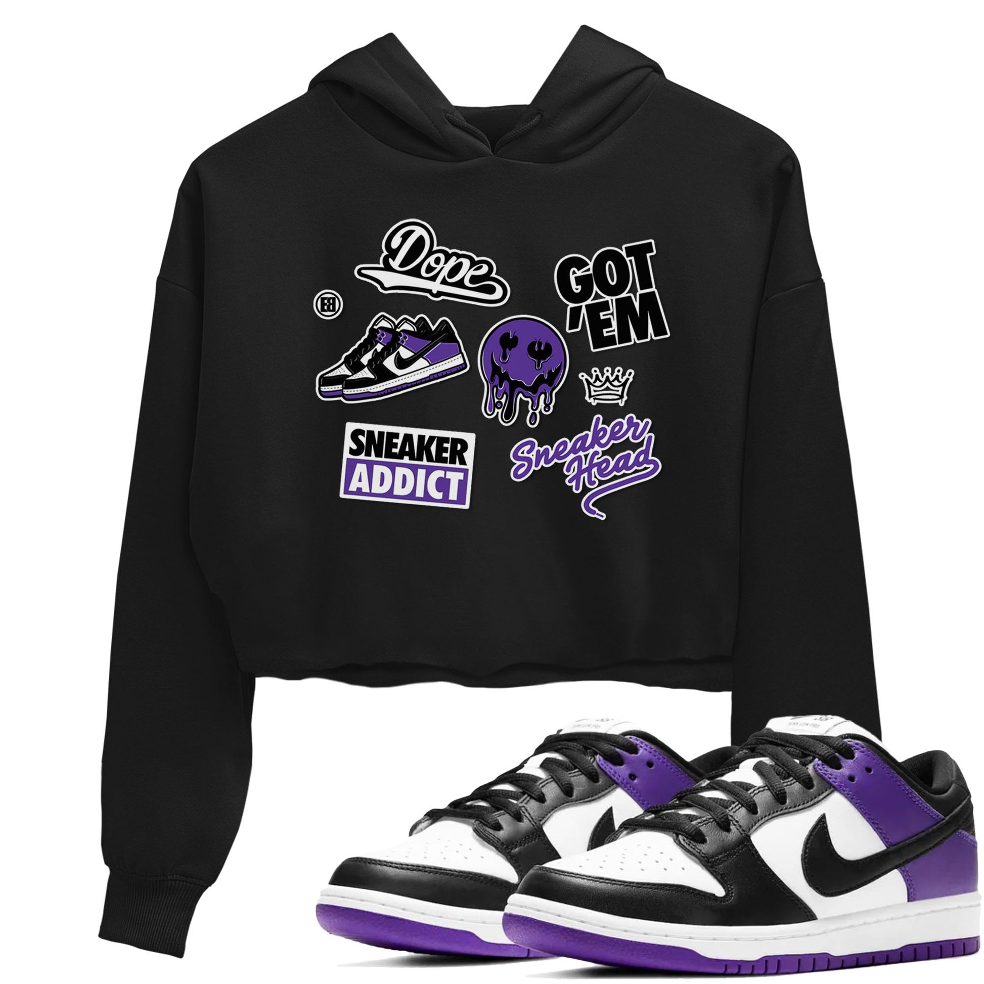 Sneakerhead Sticker sneaker match tees to Court Purple Dunks street fashion brand for shirts to match Jordans SNRT Sneaker Tees Dunk Low Court Purple unisex t-shirt Black 1 crop shirt