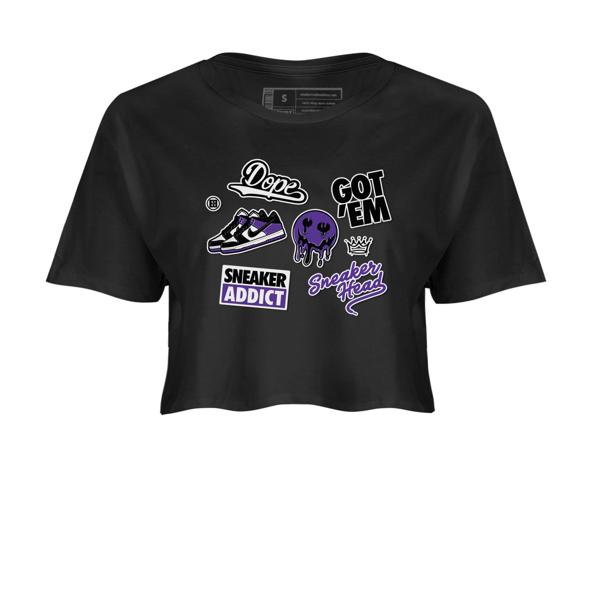 Sneakerhead Sticker sneaker match tees to Court Purple Dunks street fashion brand for shirts to match Jordans SNRT Sneaker Tees Dunk Low Court Purple unisex t-shirt Black 2 crop shirt