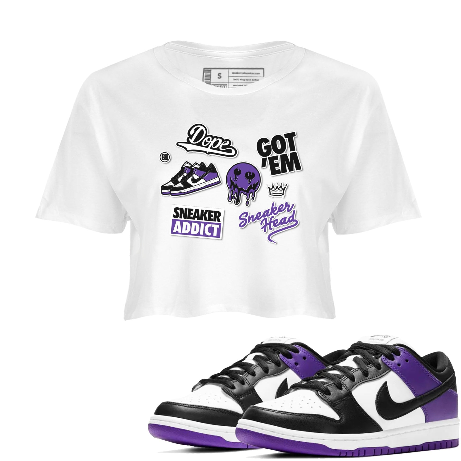 Sneakerhead Sticker sneaker match tees to Court Purple Dunks street fashion brand for shirts to match Jordans SNRT Sneaker Tees Dunk Low Court Purple unisex t-shirt White 1 crop shirt