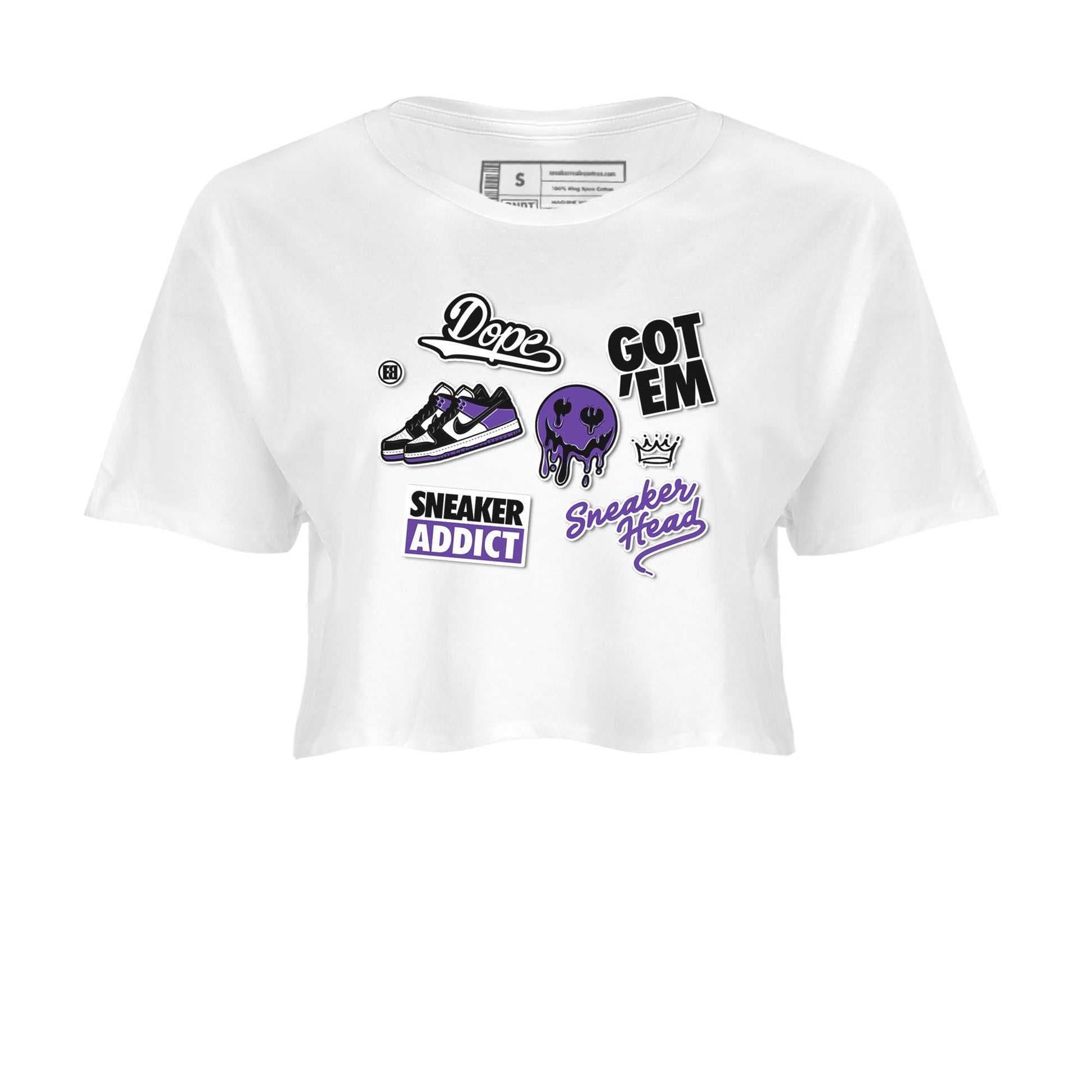 Sneakerhead Sticker sneaker match tees to Court Purple Dunks street fashion brand for shirts to match Jordans SNRT Sneaker Tees Dunk Low Court Purple unisex t-shirt White 2 crop shirt
