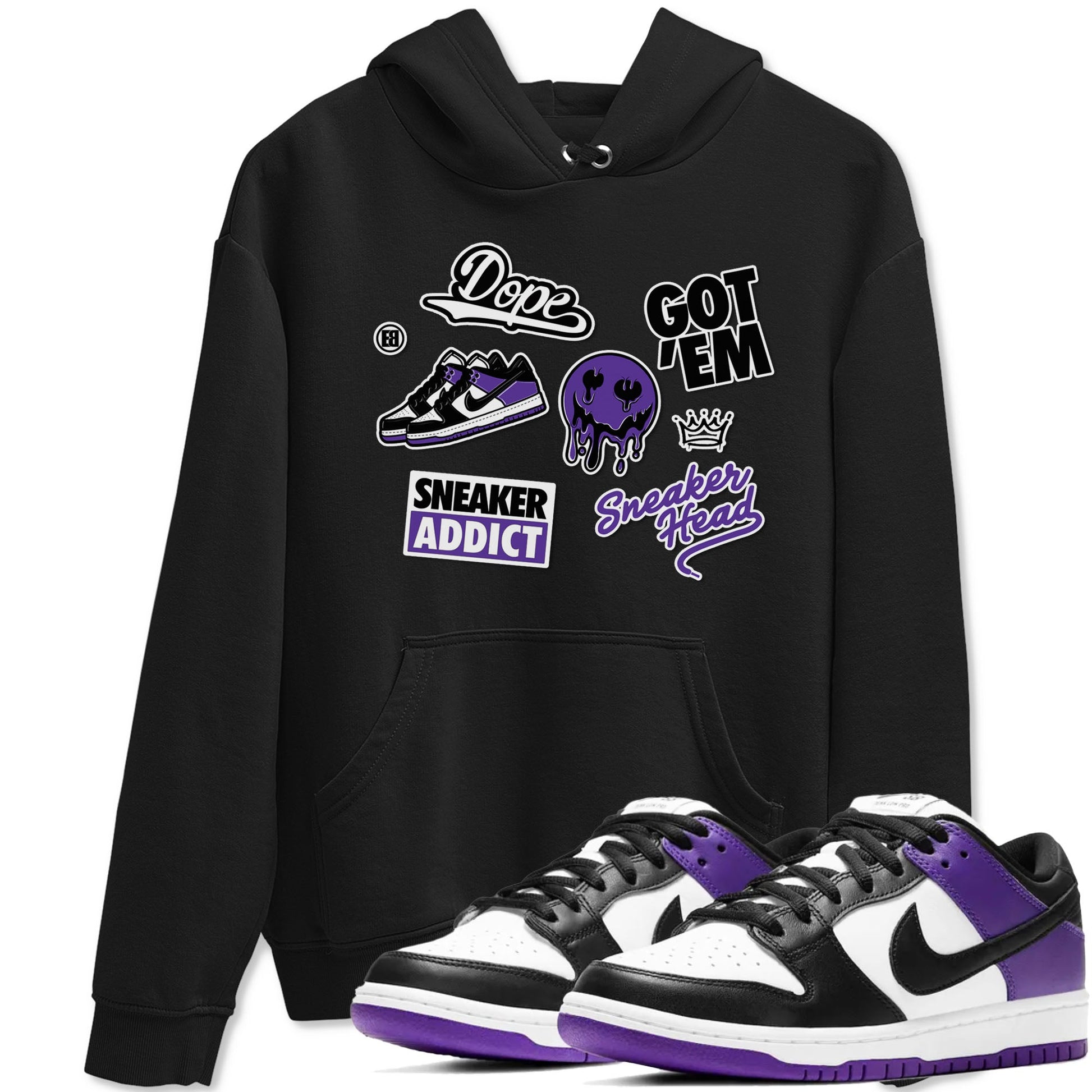 Sneakerhead Sticker sneaker match tees to Court Purple Dunks street fashion brand for shirts to match Jordans SNRT Sneaker Tees Dunk Low Court Purple unisex t-shirt Black 1 unisex shirt