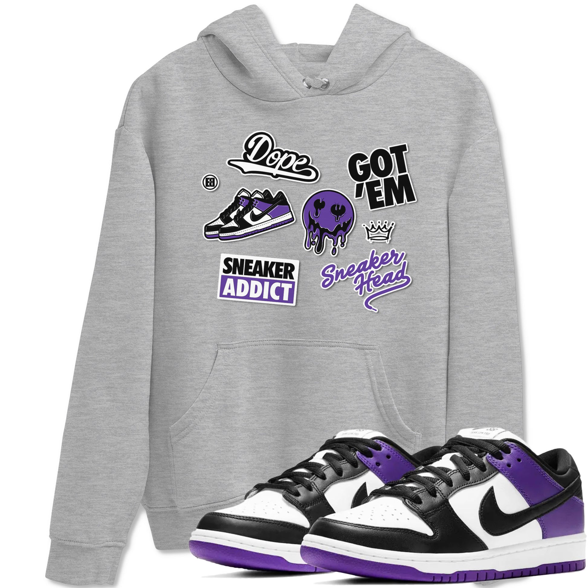 Sneakerhead Sticker sneaker match tees to Court Purple Dunks street fashion brand for shirts to match Jordans SNRT Sneaker Tees Dunk Low Court Purple unisex t-shirt Heather Grey 1 unisex shirt