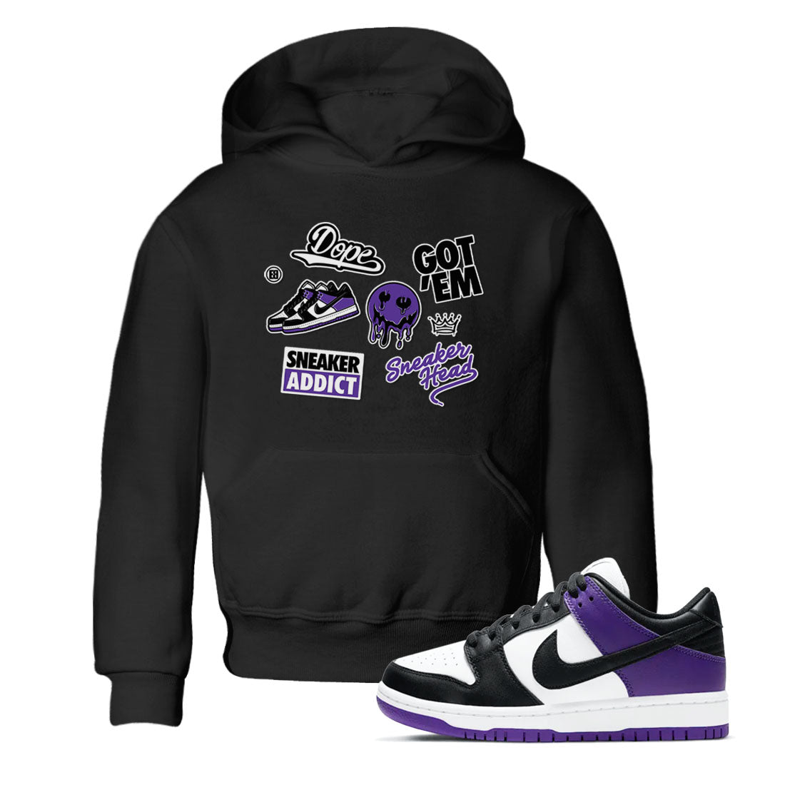 Sneakerhead Sticker sneaker match tees to Court Purple Dunks street fashion brand for shirts to match Jordans SNRT Sneaker Tees Dunk Low Court Purple unisex t-shirt Black 1 youth shirt