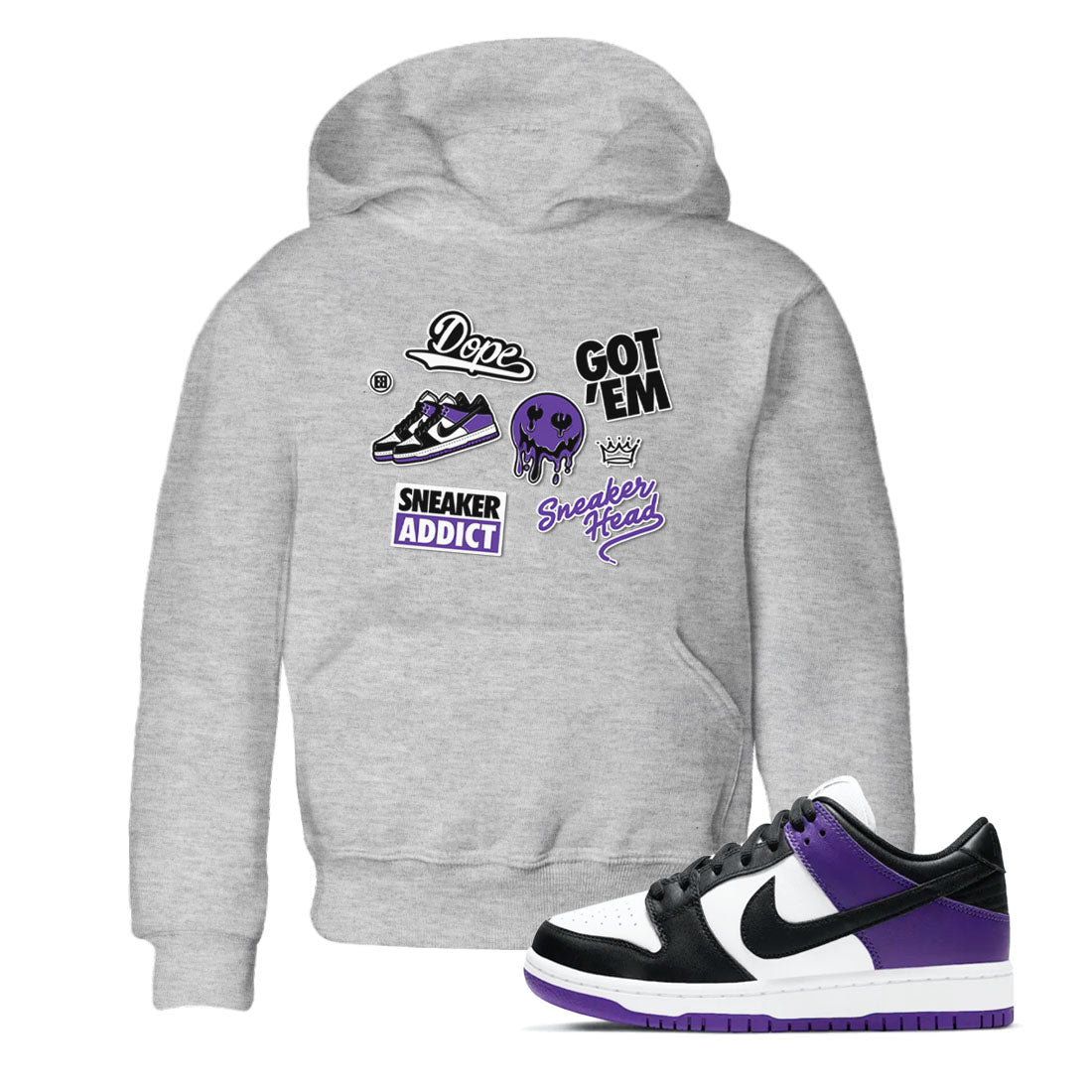 Sneakerhead Sticker sneaker match tees to Court Purple Dunks street fashion brand for shirts to match Jordans SNRT Sneaker Tees Dunk Low Court Purple unisex t-shirt Heather Grey 1 youth shirt