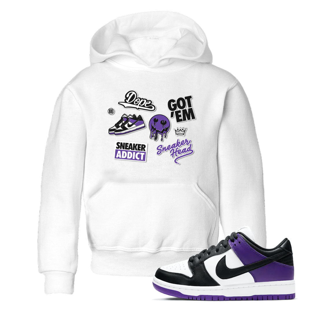 Sneakerhead Sticker sneaker match tees to Court Purple Dunks street fashion brand for shirts to match Jordans SNRT Sneaker Tees Dunk Low Court Purple unisex t-shirt White 1 youth shirt