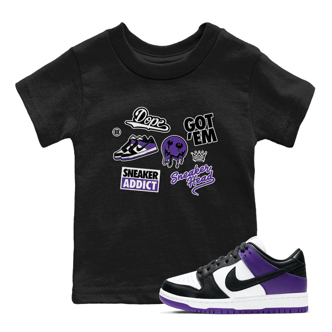 Sneakerhead Sticker sneaker match tees to Court Purple Dunks street fashion brand for shirts to match Jordans SNRT Sneaker Tees Dunk Low Court Purple unisex t-shirt Black 1 youth shirt