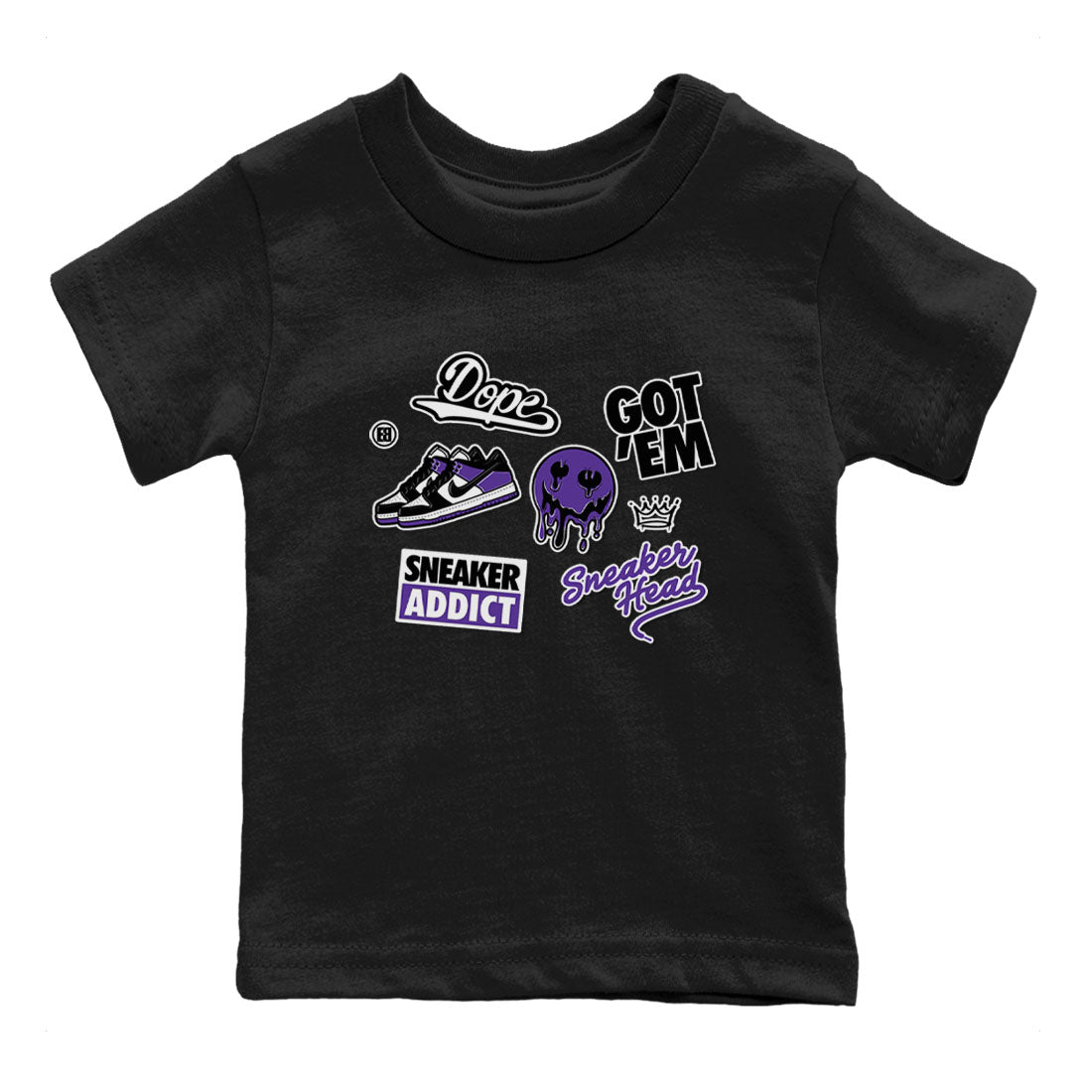 Sneakerhead Sticker sneaker match tees to Court Purple Dunks street fashion brand for shirts to match Jordans SNRT Sneaker Tees Dunk Low Court Purple unisex t-shirt Black 2 youth shirt