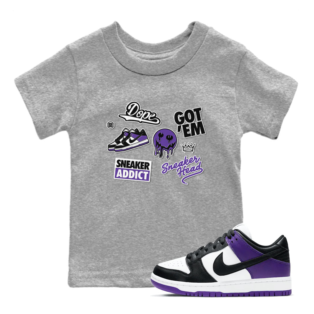Sneakerhead Sticker sneaker match tees to Court Purple Dunks street fashion brand for shirts to match Jordans SNRT Sneaker Tees Dunk Low Court Purple unisex t-shirt Heather Grey 1 youth shirt