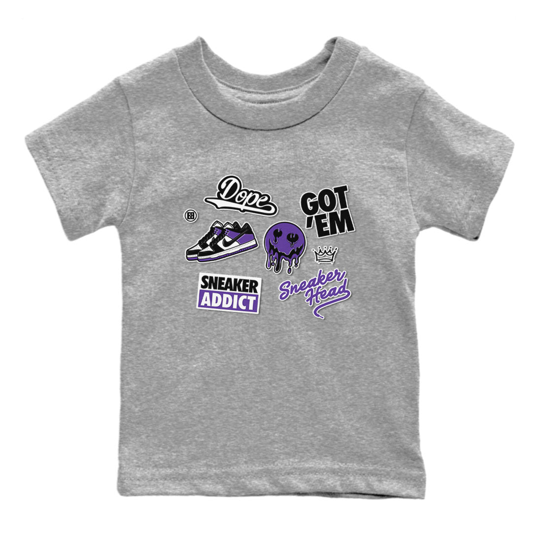 Sneakerhead Sticker sneaker match tees to Court Purple Dunks street fashion brand for shirts to match Jordans SNRT Sneaker Tees Dunk Low Court Purple unisex t-shirt Heather Grey 2 youth shirt