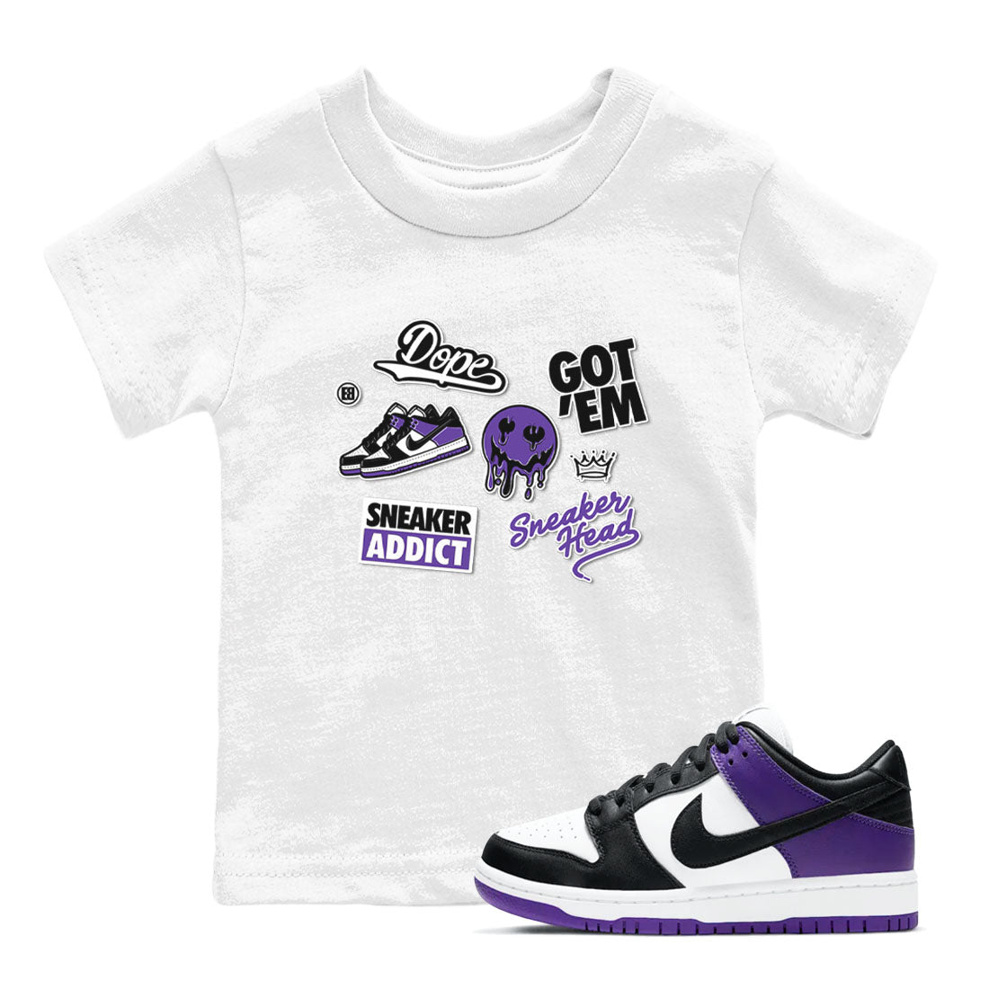 Sneakerhead Sticker sneaker match tees to Court Purple Dunks street fashion brand for shirts to match Jordans SNRT Sneaker Tees Dunk Low Court Purple unisex t-shirt White 1 youth shirt