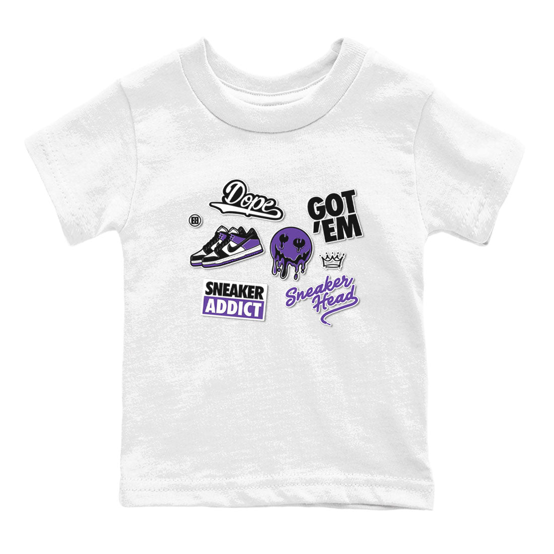 Sneakerhead Sticker sneaker match tees to Court Purple Dunks street fashion brand for shirts to match Jordans SNRT Sneaker Tees Dunk Low Court Purple unisex t-shirt White 2 youth shirt