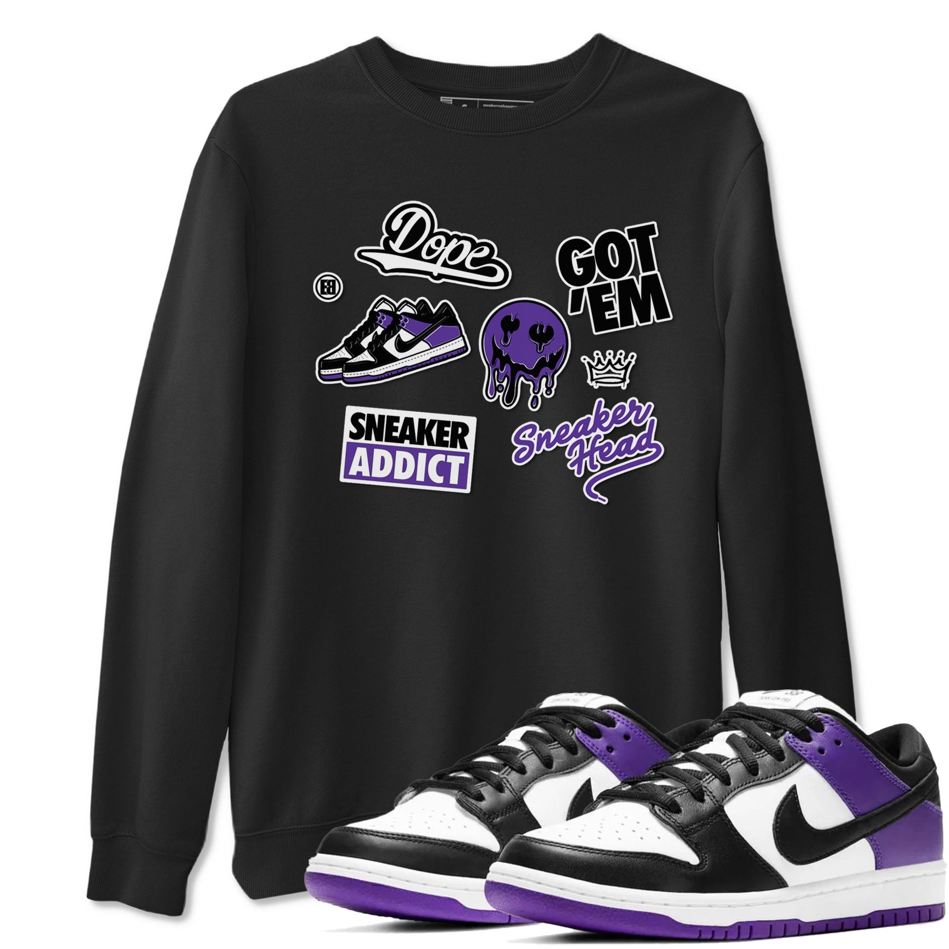 Sneakerhead Sticker sneaker match tees to Court Purple Dunks street fashion brand for shirts to match Jordans SNRT Sneaker Tees Dunk Low Court Purple unisex t-shirt Black 1 unisex shirt