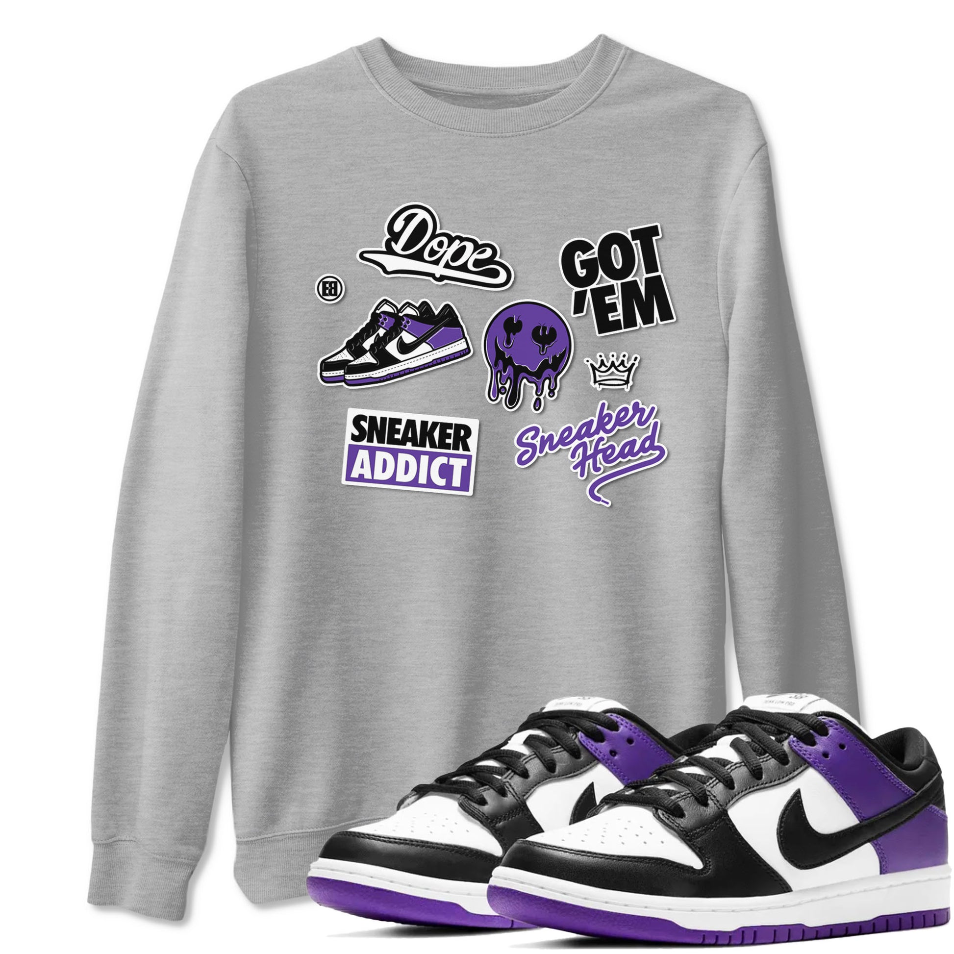 Sneakerhead Sticker sneaker match tees to Court Purple Dunks street fashion brand for shirts to match Jordans SNRT Sneaker Tees Dunk Low Court Purple unisex t-shirt Heather Grey 1 unisex shirt