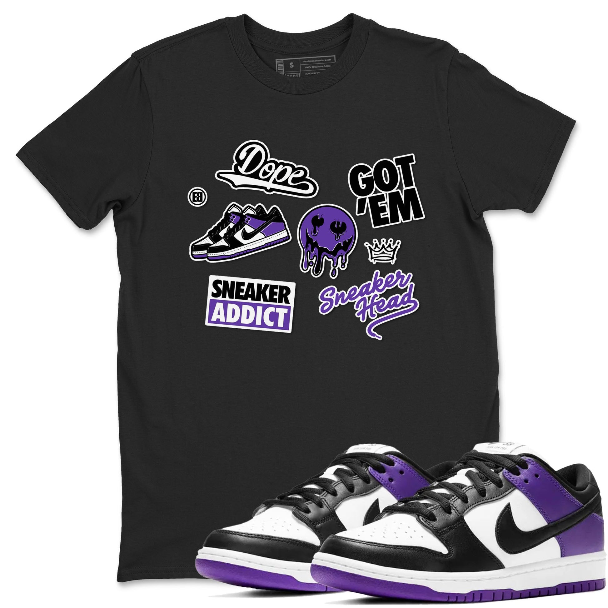 Sneakerhead Sticker sneaker match tees to Court Purple Dunks street fashion brand for shirts to match Jordans SNRT Sneaker Tees Dunk Low Court Purple unisex t-shirt Black 1 unisex shirt