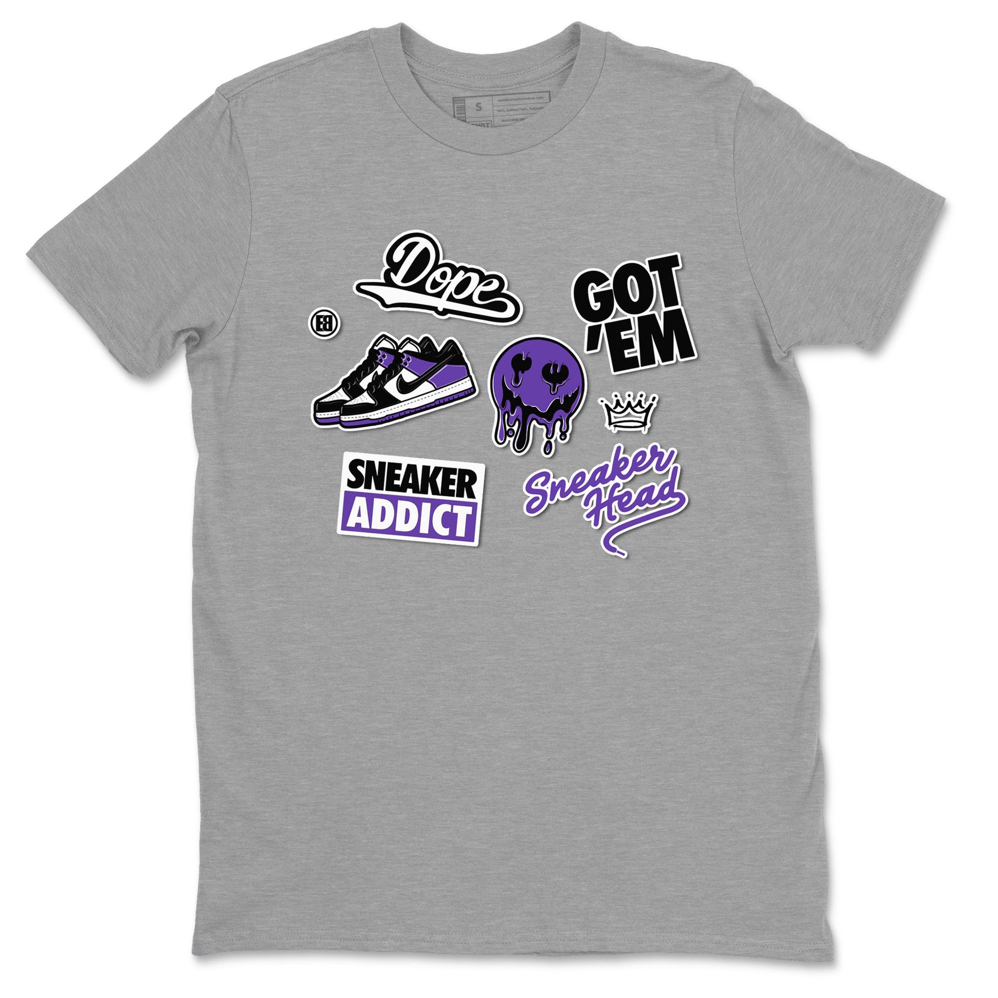 Sneakerhead Sticker sneaker match tees to Court Purple Dunks street fashion brand for shirts to match Jordans SNRT Sneaker Tees Dunk Low Court Purple unisex t-shirt Heather Grey 2 unisex shirt