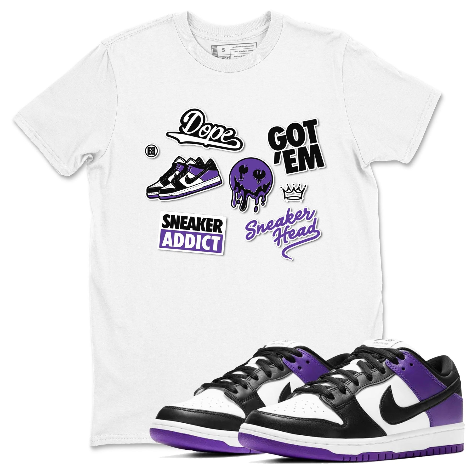 Sneakerhead Sticker sneaker match tees to Court Purple Dunks street fashion brand for shirts to match Jordans SNRT Sneaker Tees Dunk Low Court Purple unisex t-shirt White 1 unisex shirt