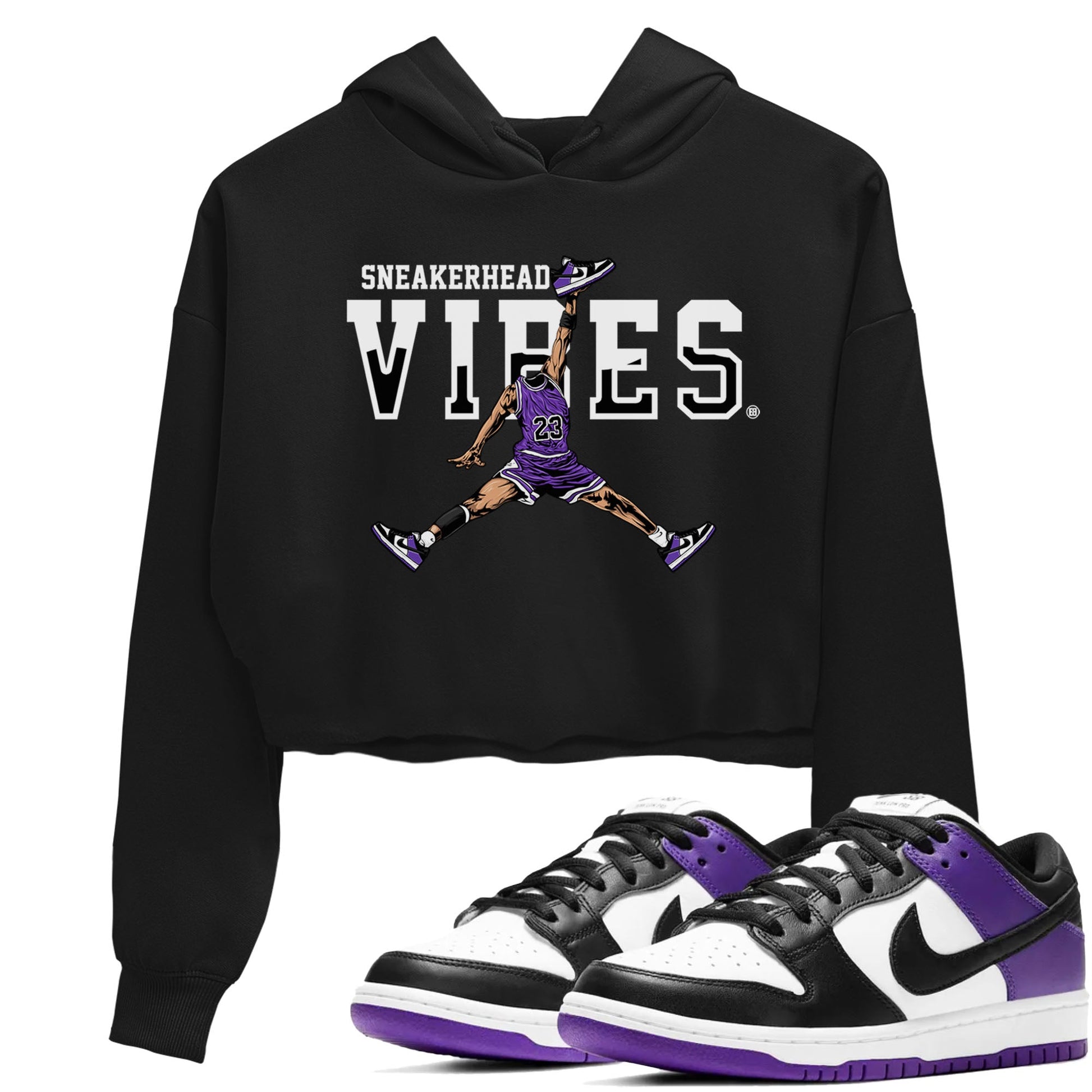 Sneakerhead Vibes sneaker match tees to Court Purple Dunks street fashion brand for shirts to match Jordans SNRT Sneaker Tees Dunk Low Court Purple unisex t-shirt Black 1 crop shirt